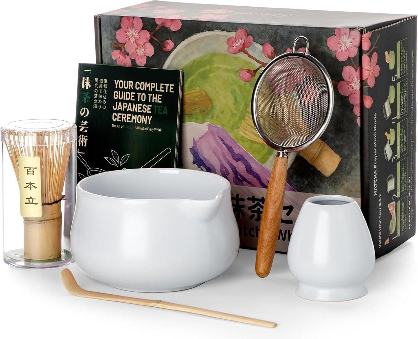 Nucookery Matcha Set - 5PCS Matcha Whisk Set, 18OZ Matcha Bowl (Chawan) with Spout, Matcha Whisk (Chasen) and Holder, Bamboo Matcha Scoop and Sifter, Matcha Kit/Tools/Accessories for Tea Ceremony