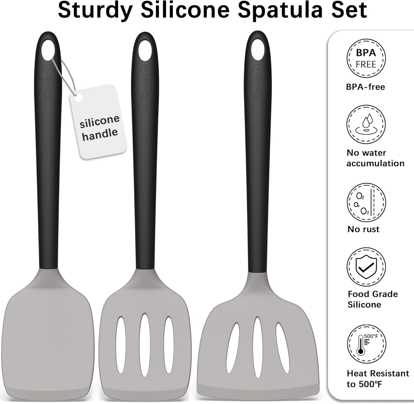 Coukre Silicone Spatula Set of 3, High Heat Resistant, BPA-Free, Kitchen Utensils, Fish Spatula, Solid & Slotted Turner for Non-Stick Pans, Flipping Eggs, Pancakes, Fish, Burgers (3, Gray)