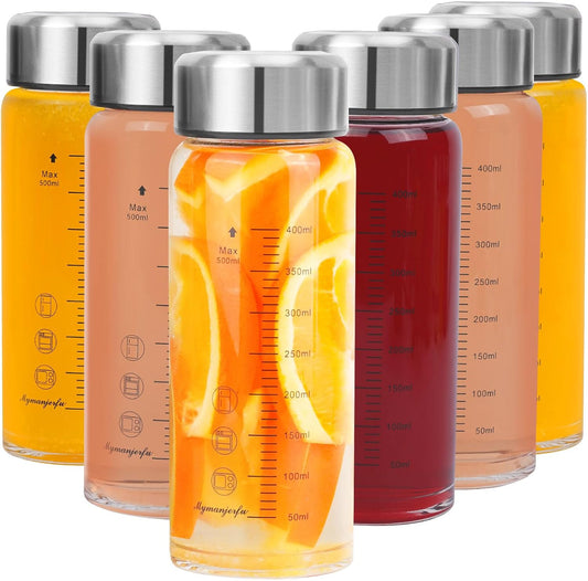 Glass Juice Bottles 6 Pack 16 oz - Wide Mouth Glass Water Bottles with Lids - for Juicing, Smoothies, Milk, Protein, BPA Free, Reusable, Stainless Steel Lids, Leak Proof, Shaker bottle (16oz/500ml)