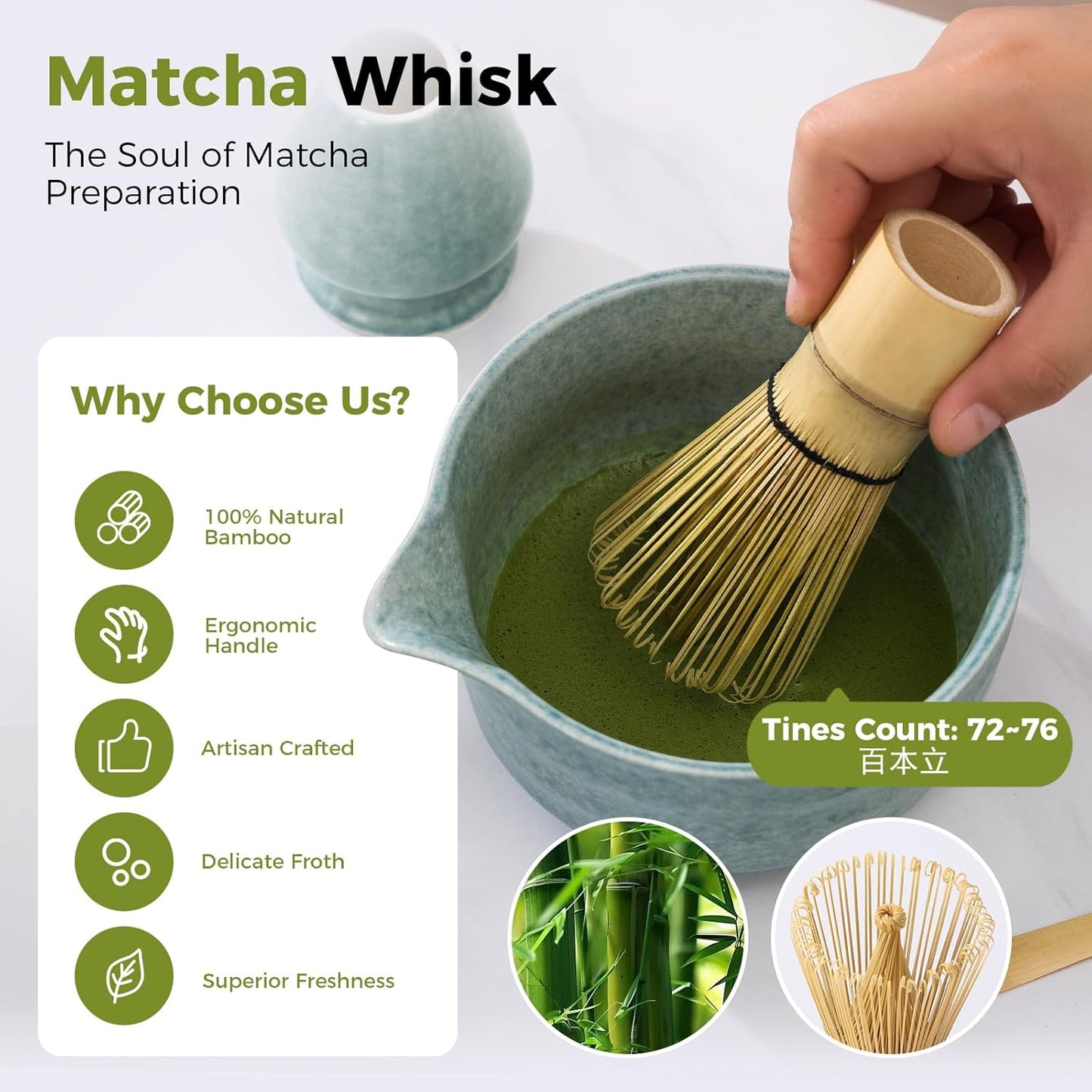 Matcha Whisk Set - Bamboo Whisk and Holder, Bowl with Spout (17 oz), Matcha Sifter and Scoop, 5 Pcs Cute Matcha Kit Set Gift for Matcha Lovers (Bluish Green)