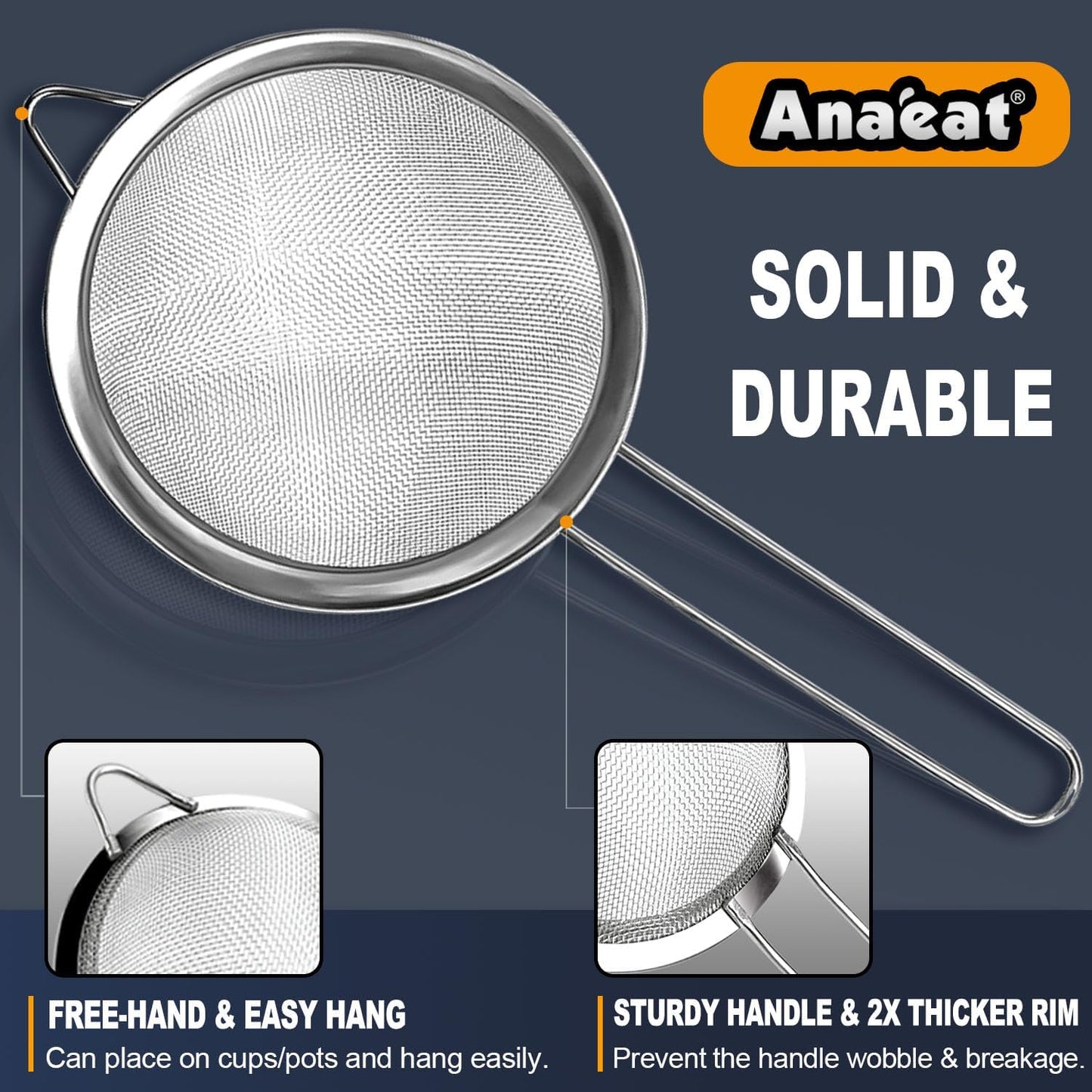 Anaeat Fine Mesh Strainers - Premium Stainless Steel Colander Sieve Sifters, with Durable Mesh and Sturdy Handle, Excellent for Sifting Dry ingredients, Flour, Pastas, Rice, Tea (3.15"+5.5"+7.87")