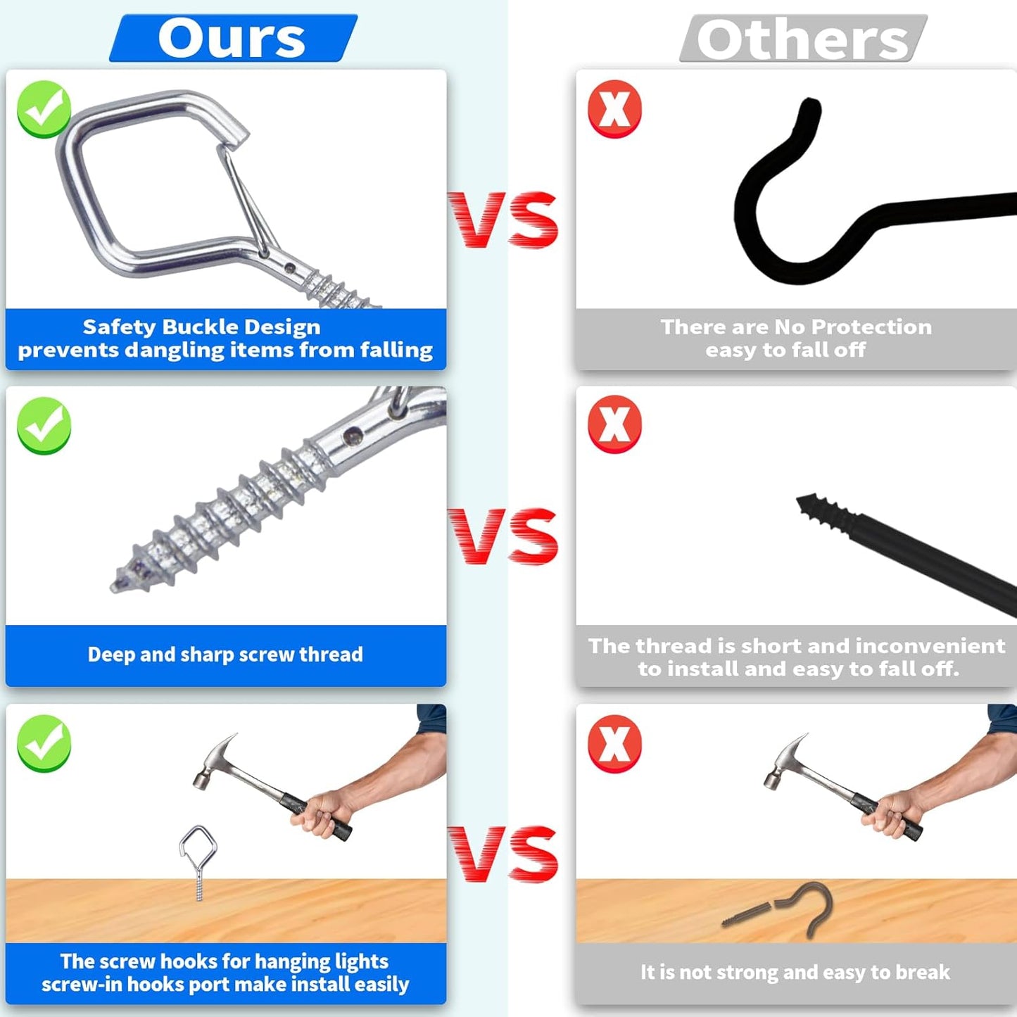 20PCS Eye Screw Hooks for Hanging Heavy Duty with Safety Buckle.Metal Ceiling Hooks for Hanging Plants,Cup,Wind Chime,Bird Feeders,String Lights at Indoor&Outdoor,2.36 Inch(No Drill Bit)