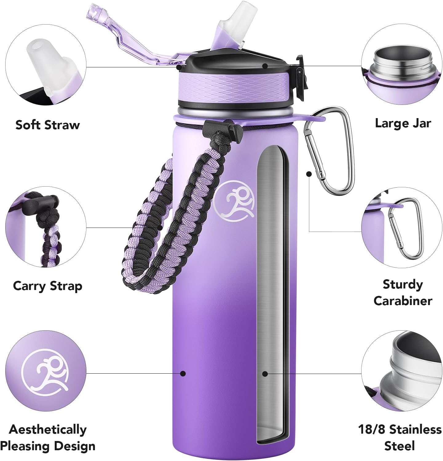 GOSWAG Insulated Sports Water Bottle, 24oz 2 Lids(with Straw/No Straw), Stainless Steel Water Bottles with Paracord Handle, Insulated Bottle with Double-Wall Vacuum Insulation