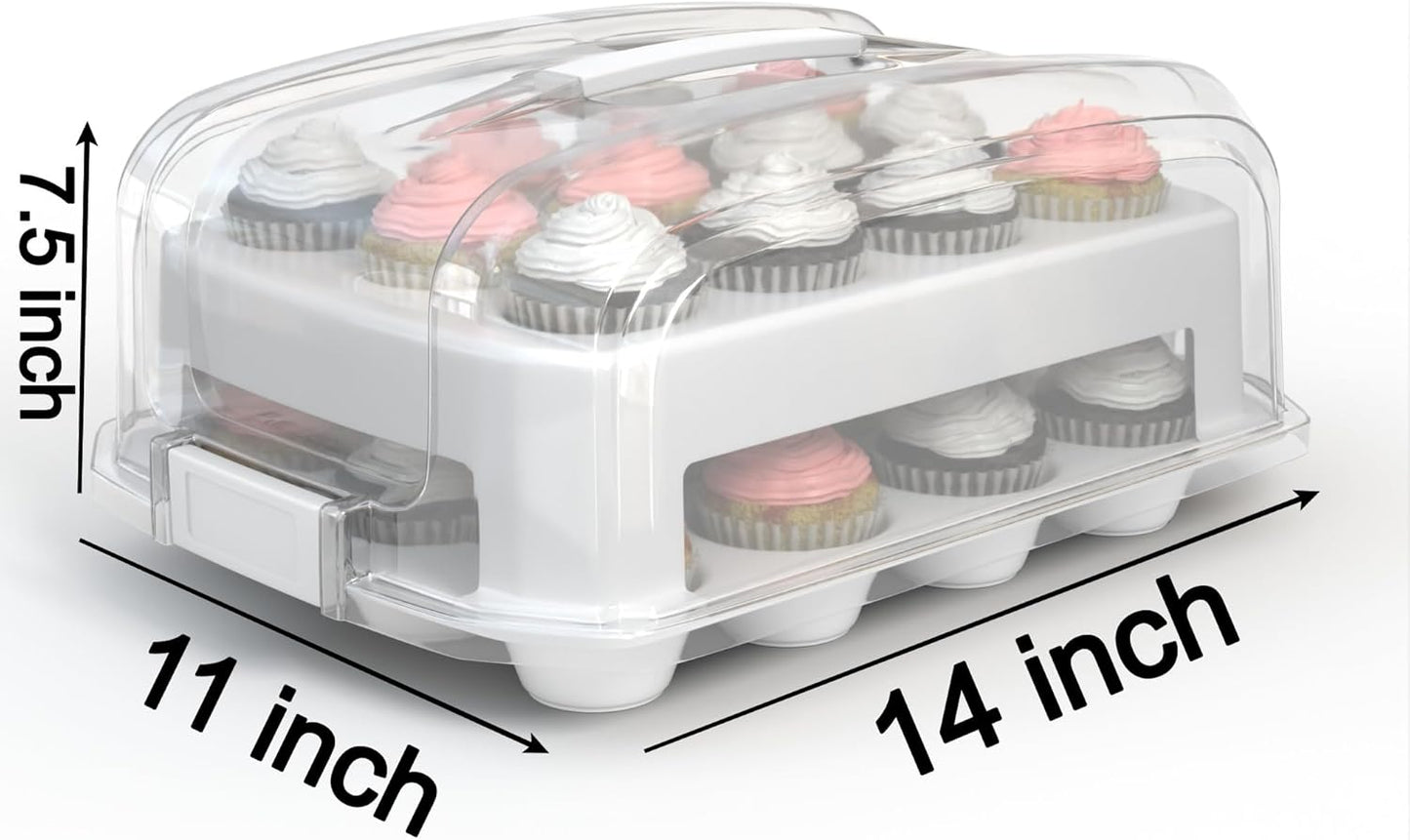 Cupcake Carrier, White Cupcake Holder Carries 24 Standard-Size Cupcakes, Muffin Traveler Two Tier Stand Reusable Cupcake Box