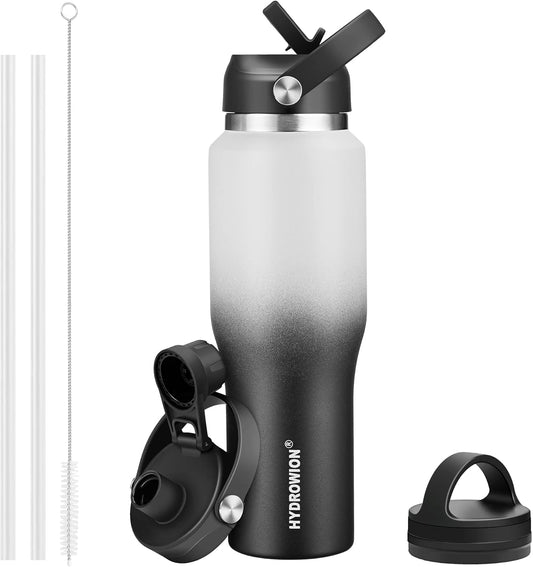 HYDROWION Insulated Water Bottle, 32oz Water Bottle with Straw Lid, Double Walled Leak Proof 32oz Vacuum Bottle (Cold for 48 Hrs,Hot for 24 Hrs) Fit in Any Car Cupholder, White&Black