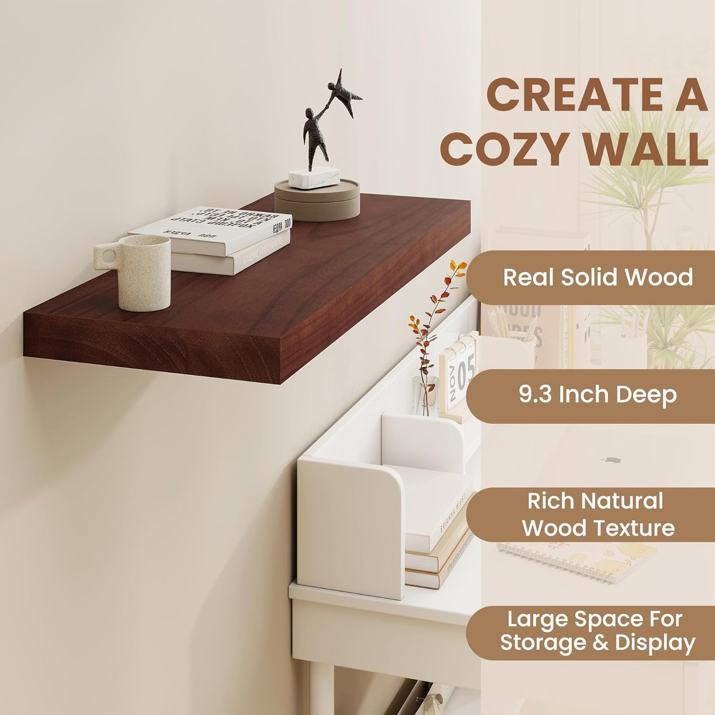 Fun Memories 9 Inch Deep Floating Shelves, Rustic Solid Wood Floating Shelf 16 Inch Long, 16 x 9 Wide Bathroom Shelves for Storage & Display, Red Brown