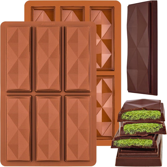 Chocolate Bar Molds 2 Pack,Deep Dubai Pistachio Stuffed Bar Silicone Mold for Making Filling Rhombus Shapes Candy Granola and Pastry Snacks