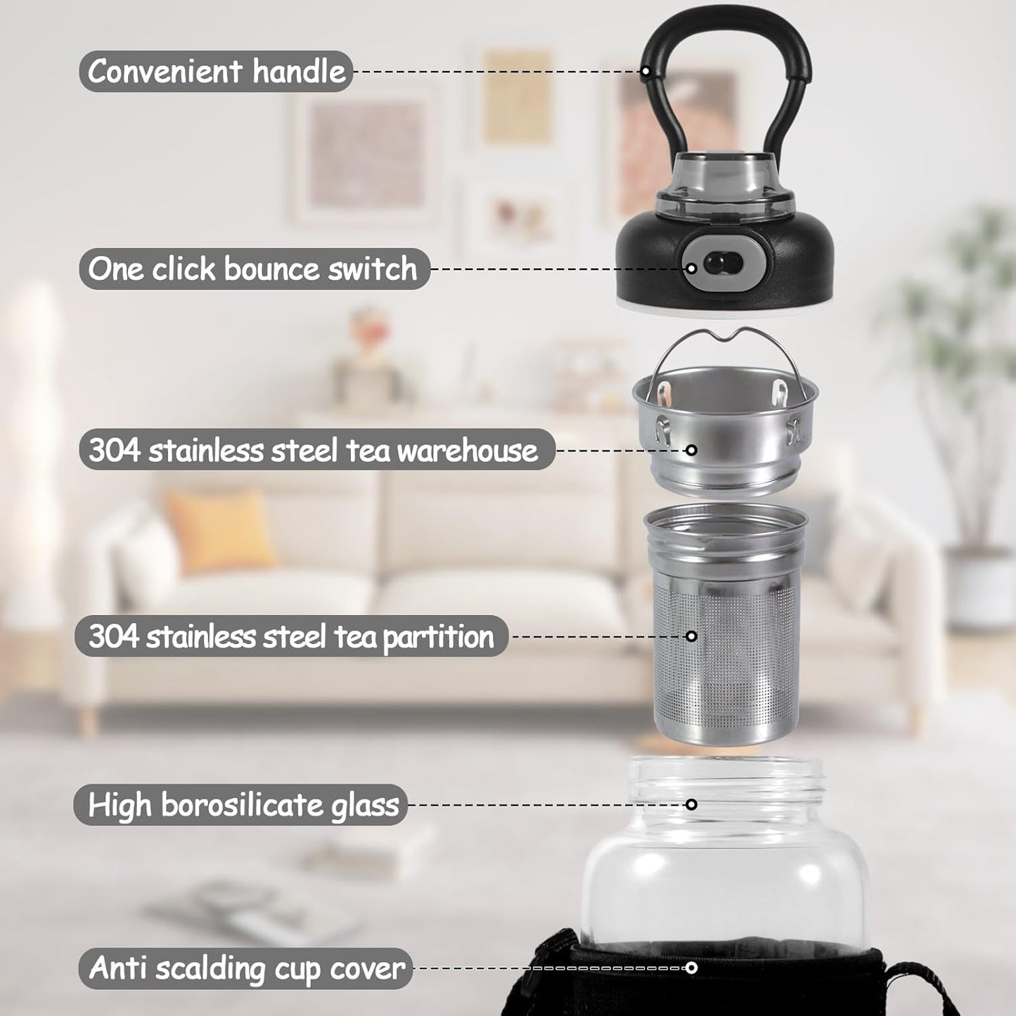 34oz tea bottle with infuser - Large Capacity Glass Water Bottle, With Time Mark, Stainless Steel Tea Strainer,Sleeve, BPA Free,For hot or cold drinks, coffee, tea and water