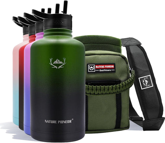NATURE PIONEOR Insulated Water Bottles with Straw - 64oz Stainless Steel Vacuum Bottle with Holder/Carrier/Sleeve - Reusable 18/8 Food Grade Half Gallon Water Jug