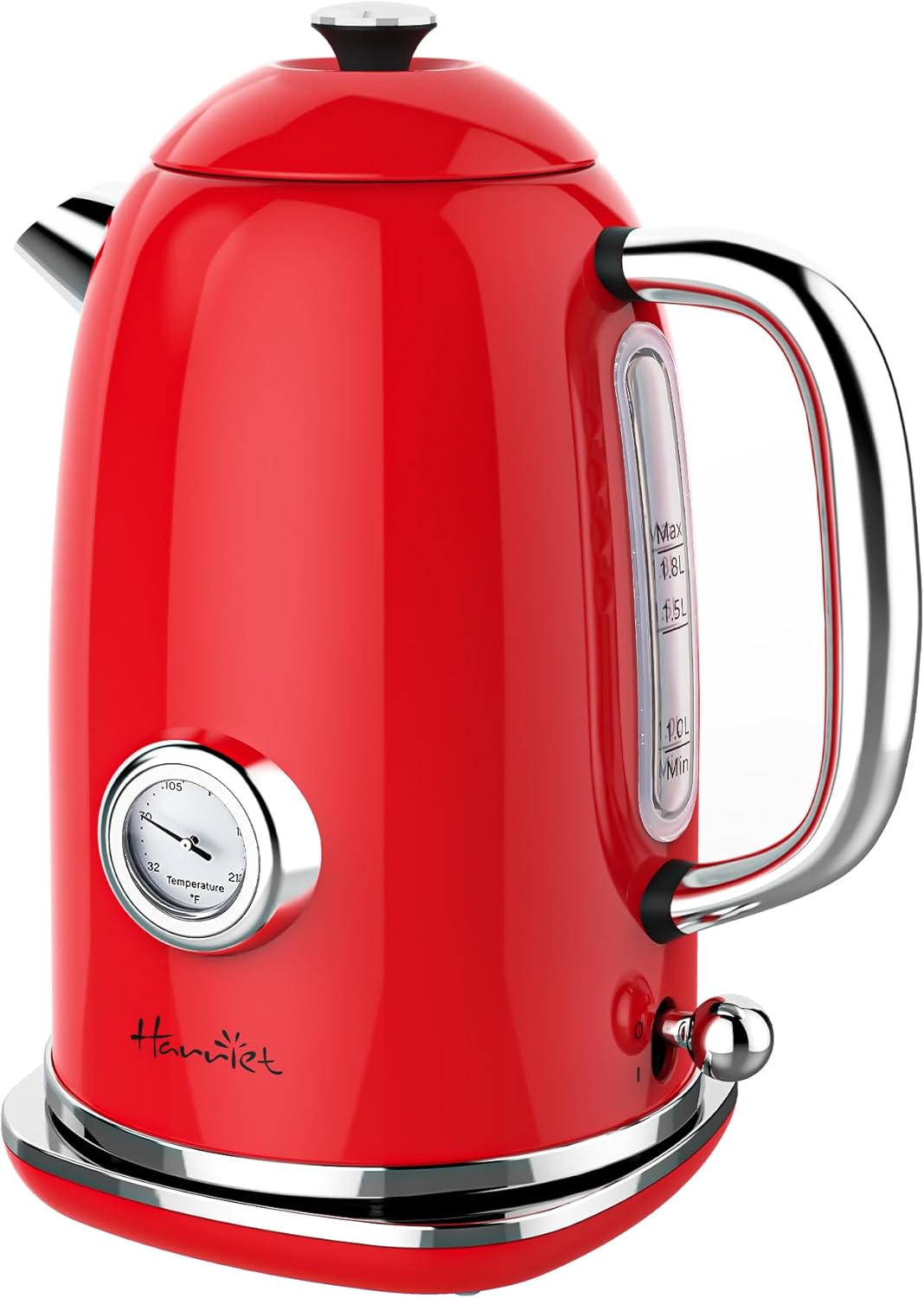 Harriet Electric Kettle, 1.8L Retro Electric Tea Kettle with Thermometer, 1500W Stainless Steel Hot Water Kettle Electric with LED Indicator, Fast Boiling, Cordless, Auto Shut-Off, Red
