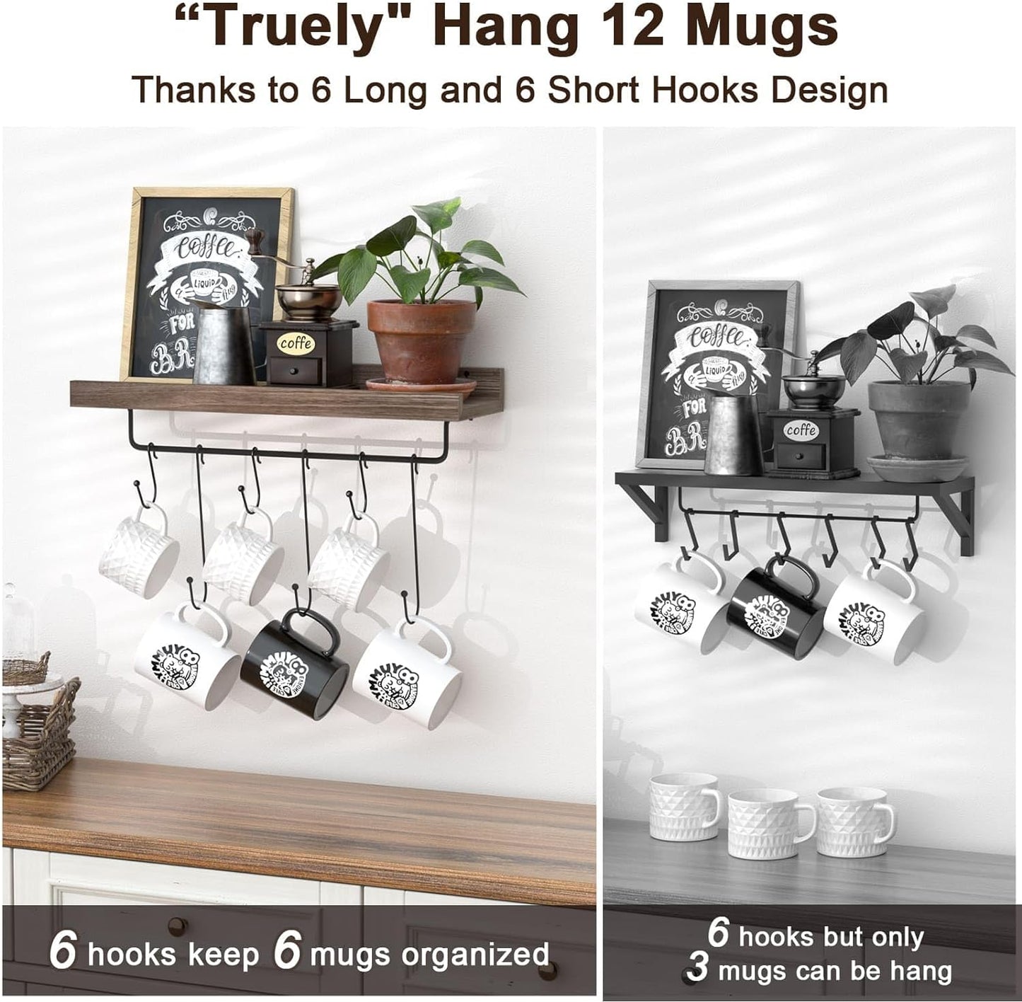 Coffee Mug Holder Organizer 2 Pack with 12 Mug Hooks Mug Rack Wall Mounted with Coffee Bar Sign Farmhouse Coffee Accessories and Organizer with Metal Basket Floating Shelves for Wall Weathered Walnut