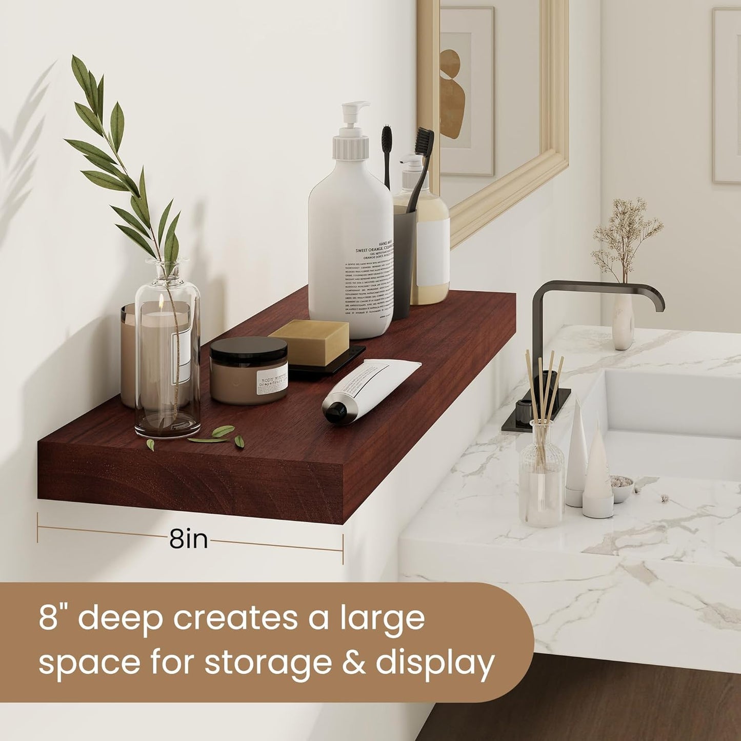 Fun Memories Rustic Floating Shelves for Home Decor, 8 Inch Deep Floating Shelf, Solid Wood Floating Wall Shelves 30 Inch Long, Deep Wall Shelves for Bathroom, Living Room, Walnut Finsh, Set of 2