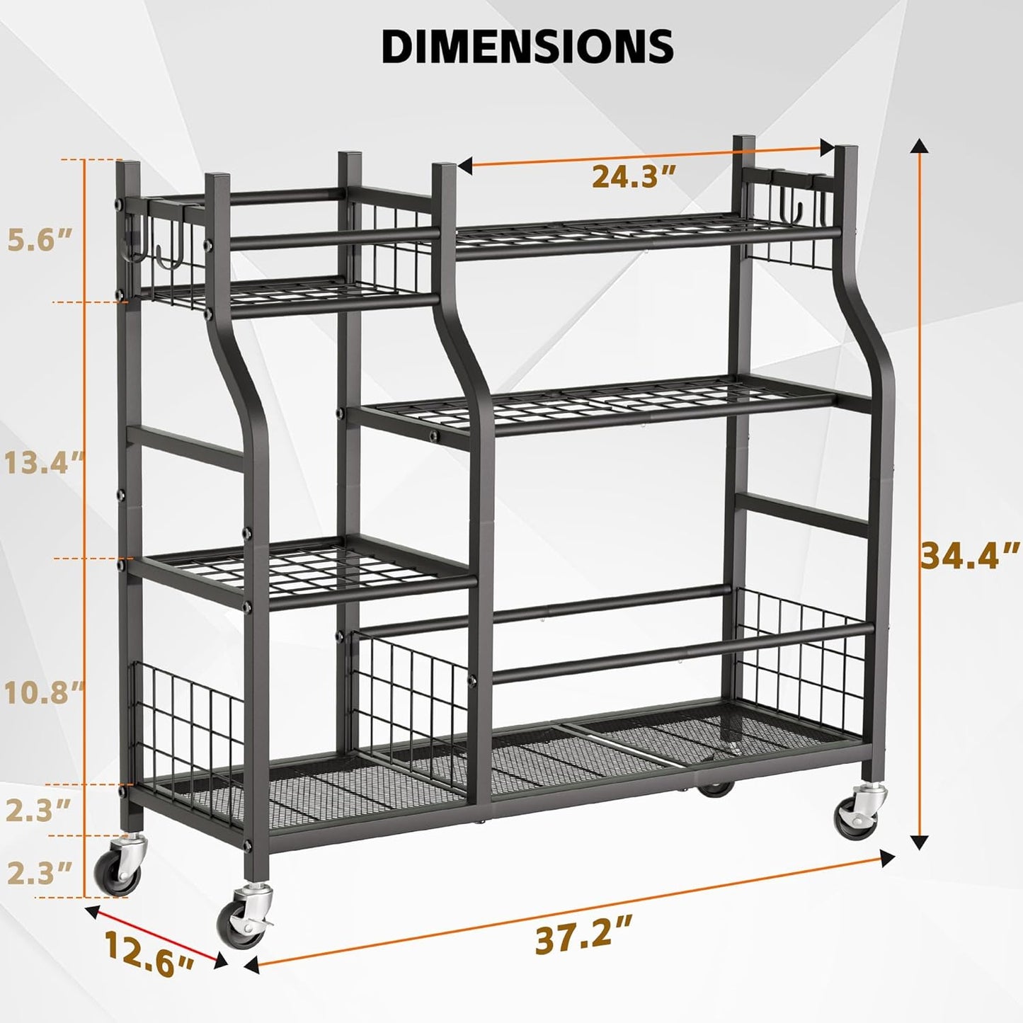 Garden Tool Organizer with Wheels for Garage and Shed, Spacious Tool Storage, Multi-Tier Design with Side Hooks for Rakes, Shovels, Brooms, and Yard Tools Rolling Cart