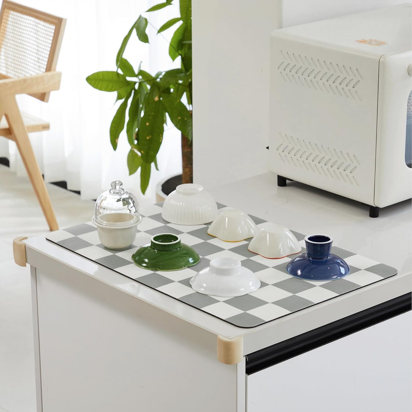 Checkered Dish Drying Mat for Kitchen Counter, Coffee Bar Station Accessories, Retro Cute Aesthetic Modern Absorbent Drainer Mat Kitchen Drying Mat Easy Clean, Grey 12" x 19"