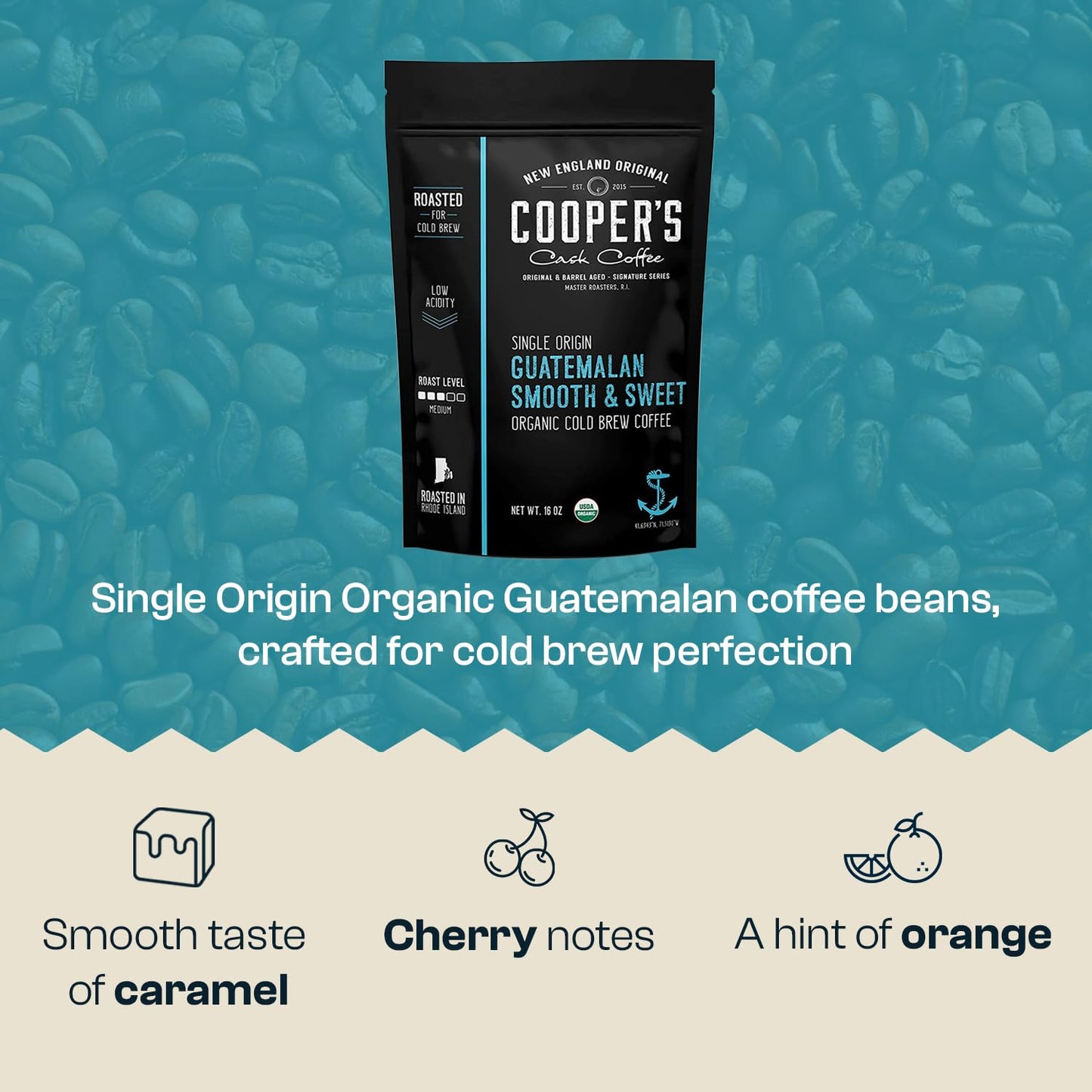 Guatemala Organic Cold Brew Coffee, Single Origin, Gourmet Beans, Tasting Notes of Milk Chocolate, Creamy Caramel & A Hint of Orange, Medium Roast Coarse Ground Beans, 16 oz Coffee Bag