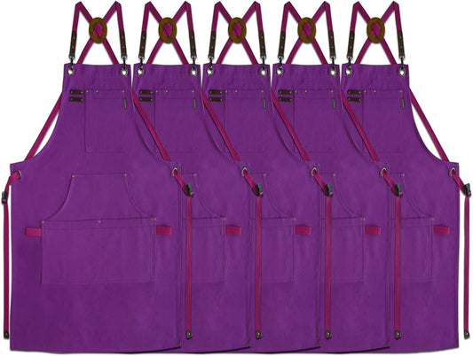5 Pack Kitchen Apron, Work Apron, Canvas, Multiple Pockets, Gardening, Painting, BBQ, Artist, Carpenter, Sizes M to XXL, Purple
