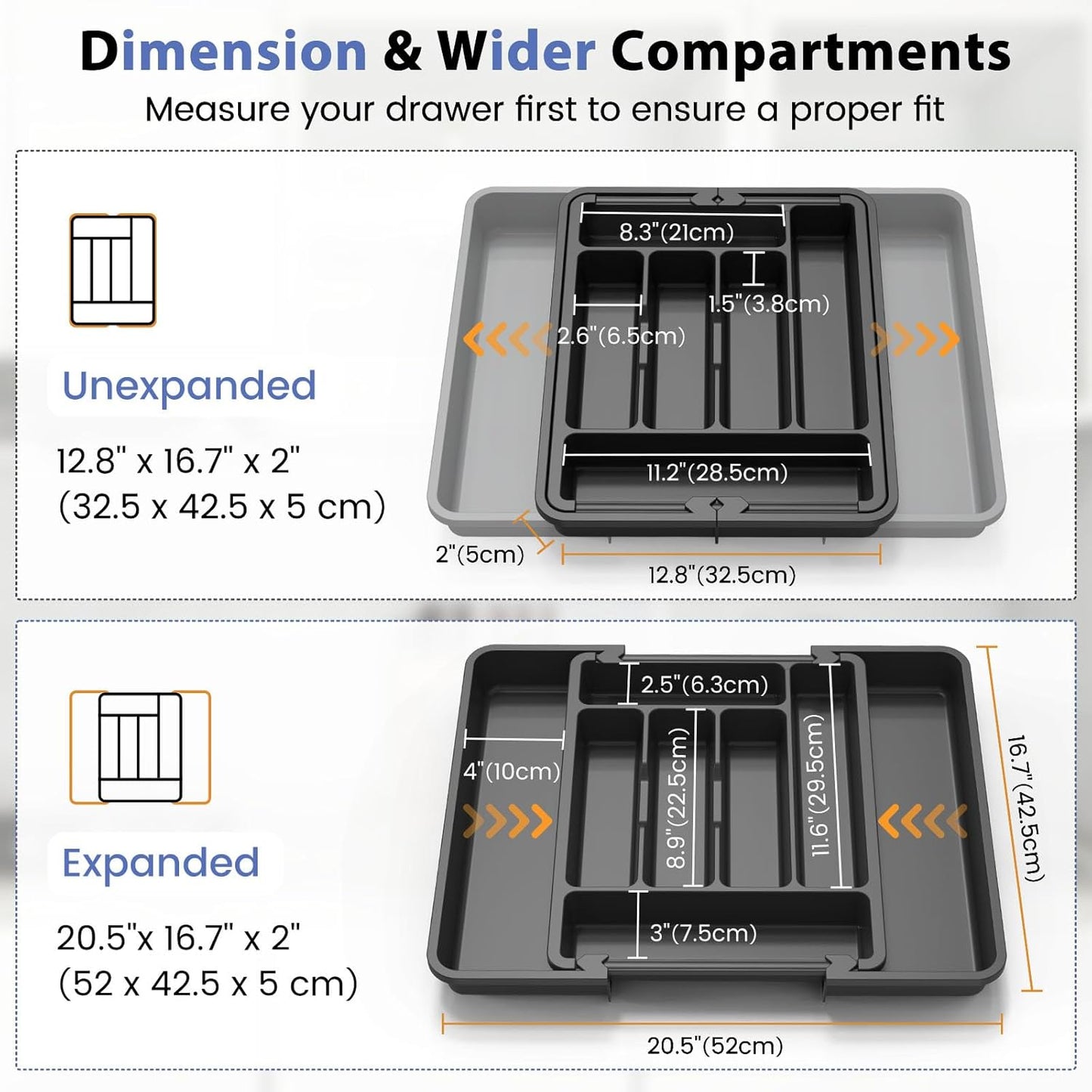 Caperci Large Silverware Organizer for Kitchen Drawer & Utensils - Expandable Drawer Organizer for Cutlery, Flatware & Gadget, BPA-Free Thick Plastic, Wider Compartments & Non-skid Feet (Black)