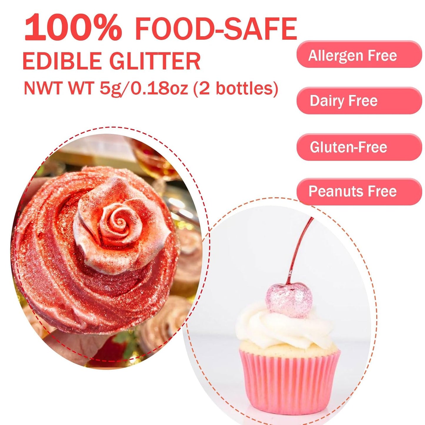 Red Pink Edible Glitter Glimmer Powder for Cakes Drinks - Valentine's Colaele 5 grams Food Grade Luster Dust Metallic Food Decorating Sprinkle Disco Brew Dust for Cake Chocolate Decorations,Vegan