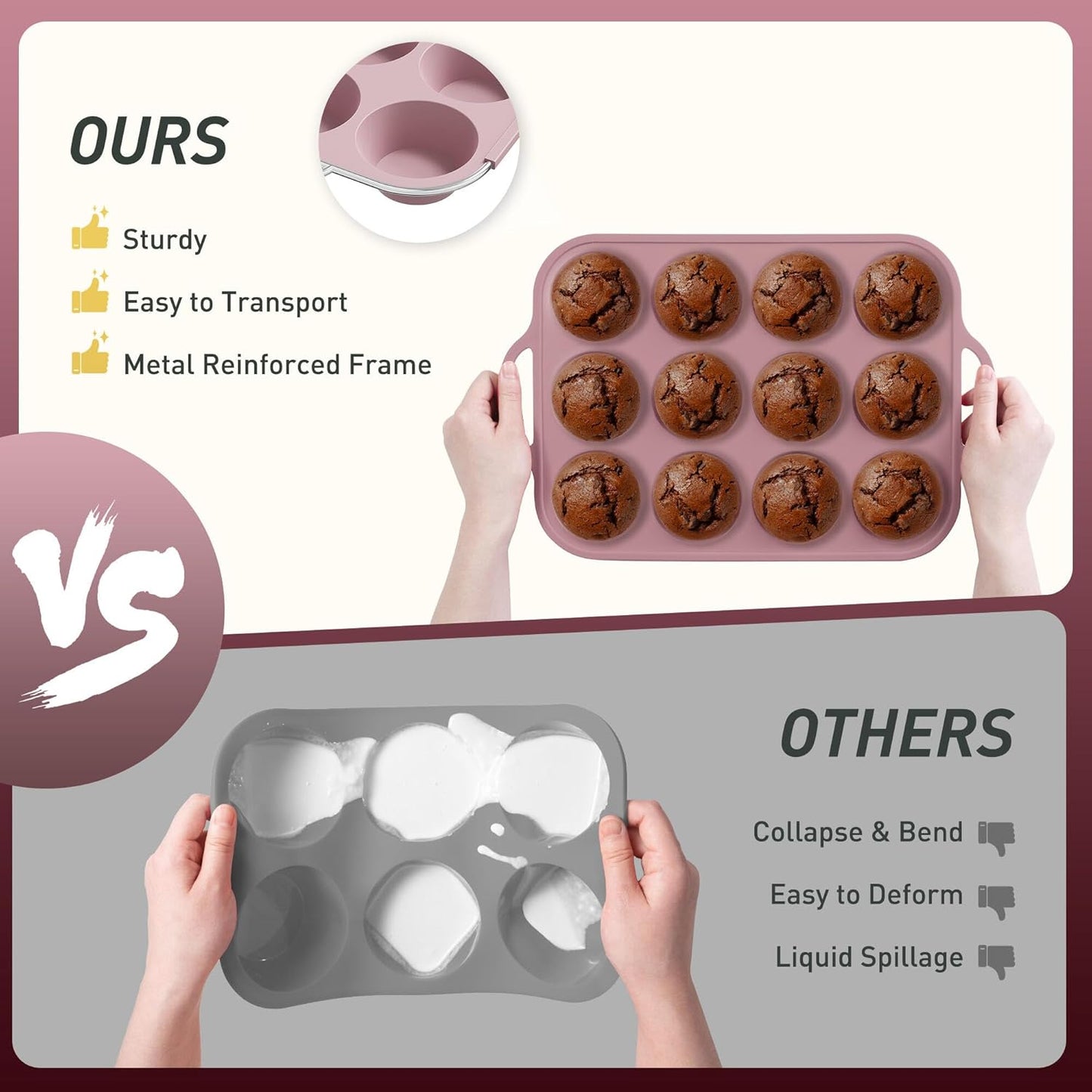 2 Packs 12 Cups Silicone Muffin Pan with Metal Reinforced Frame Regular Size Cupcake Pan Tray Egg Bites Silicone Circle Cookie Molds Muffin Tin Tart Pans Baking Sheet Set for Breakfast Sandwiches