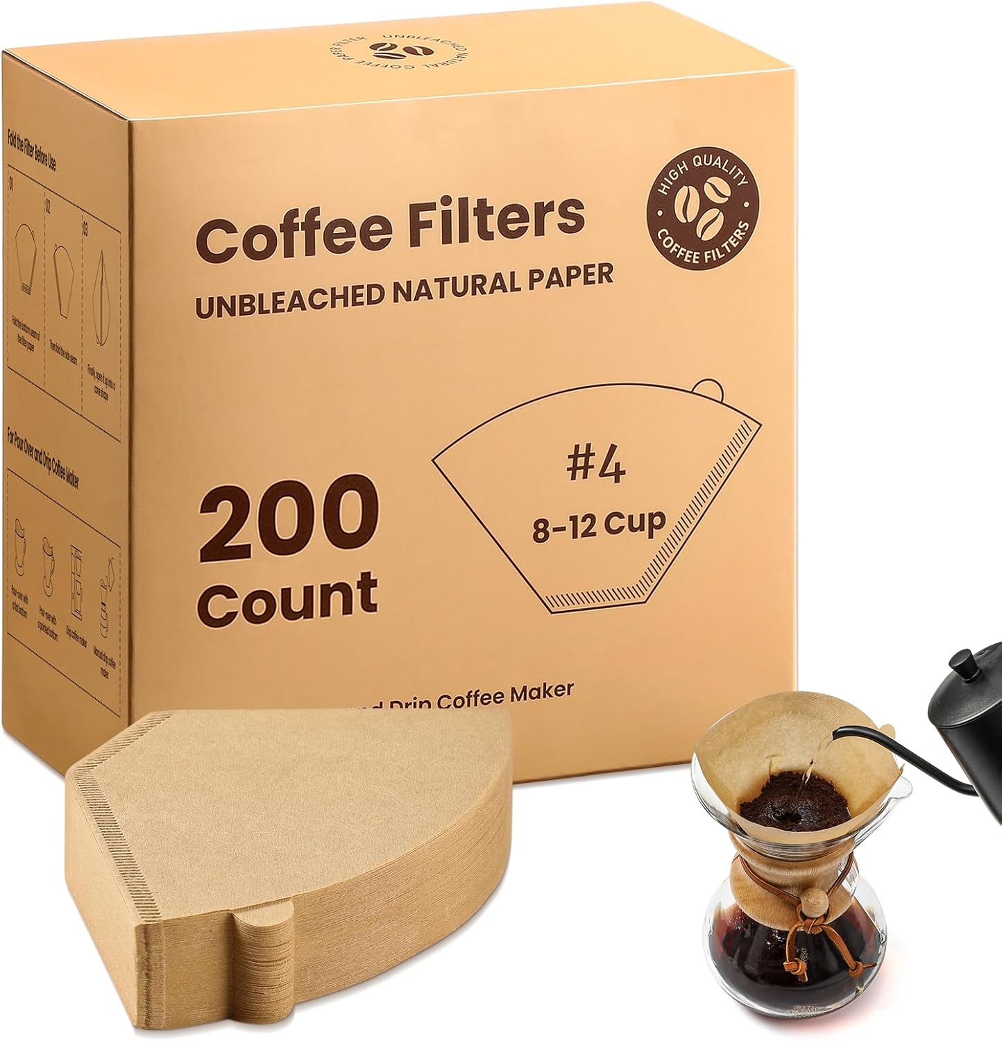 #4 Cone Coffee Filters 8-12 Cup, 200 Count Unbleached Natural Coffee Paper Filters, No Blowout, Disposable Coffee Filter for Pour Over and Drip Coffee Maker