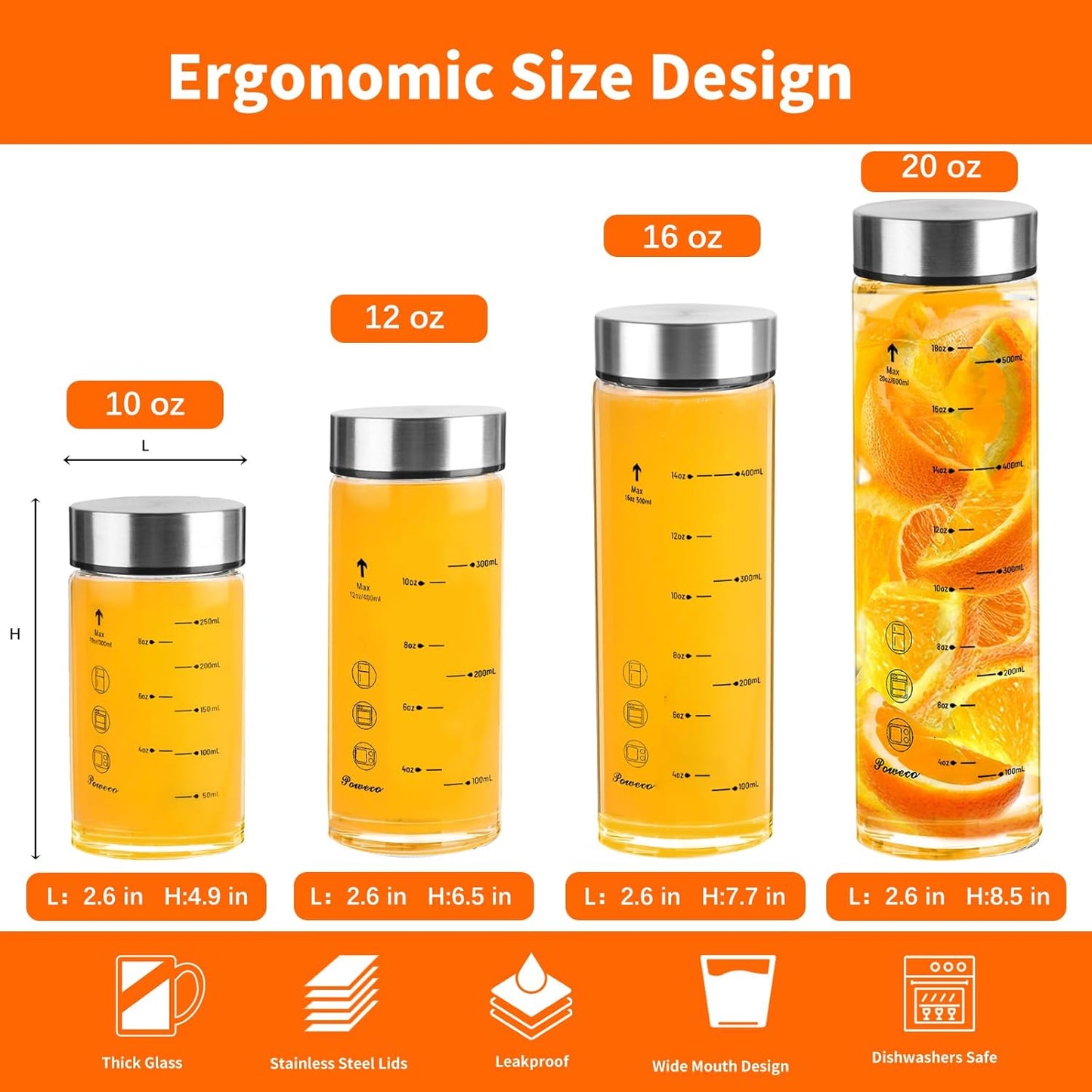 Glass Juice Bottles 6 Pack 16 oz - Wide Mouth Glass Water Bottles with Lids - for Juicing, Protein, Smoothie, Milk, Reusable, BPA Free, Stainless Steel Lids, Blender, Shaker Bottle [16oz/500ml]