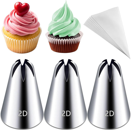 Hendiy 3pcs 2D Cake Piping Tips with 20 Piping Bags, Large Piping Nozzles Decorating Tips, Cake Baking Tools for Cookie Icing Cupcakes, Buttercream,Birthday Cake, Cupcake, DIY Art