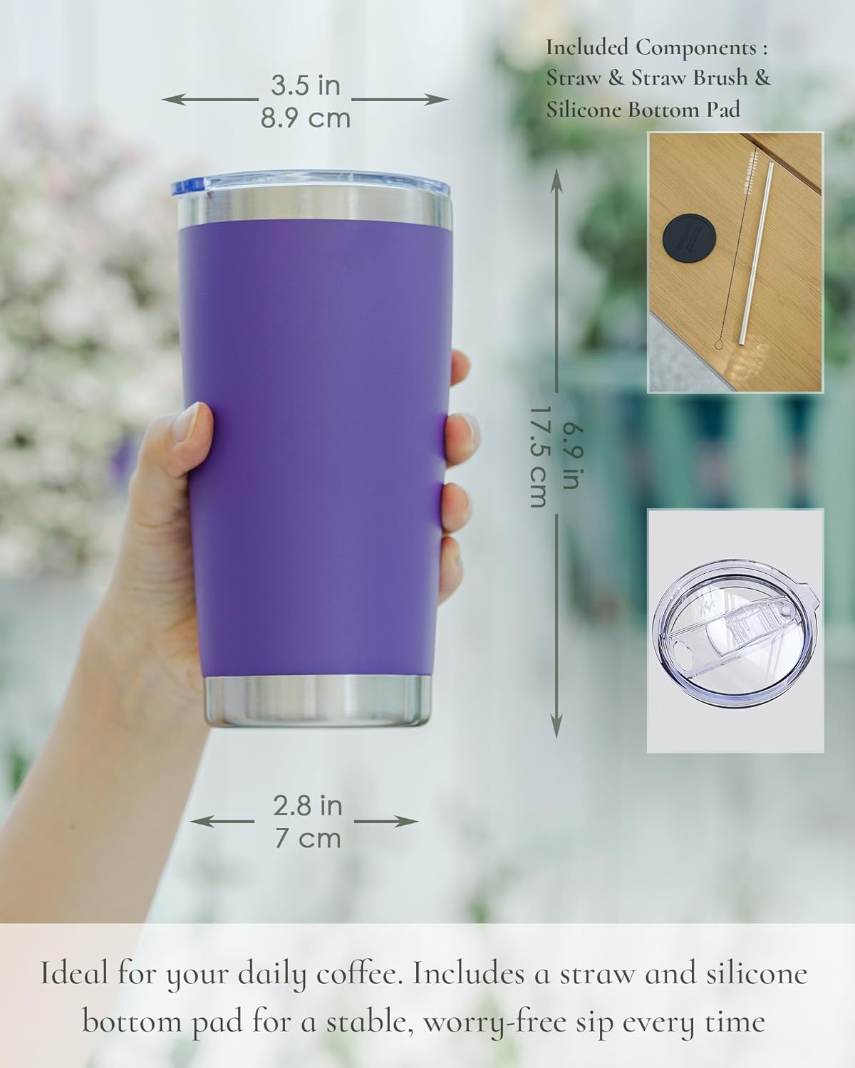 Travel Coffee Tumbler 20oz, 4 Pack Leakproof Travel Coffee Mug with Lid and Straw, Stainless Steel Double Wall Vacuum Insulated Tumbler for Hot/Iced Drinks (Textured Matte, Purple)