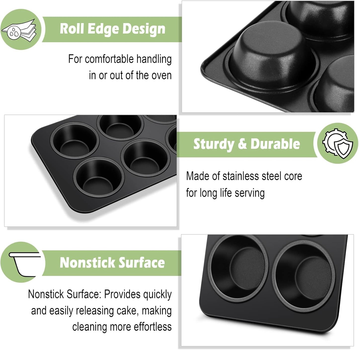 TeamFar Muffin Pan, 6 Cup Muffin Tin Cupcake Pan Tray with Nonstick Coating and Stainless Steel Core, for Home/Kitchen Baking, Healthy & Heatproof, Release Easily & Easy Clean