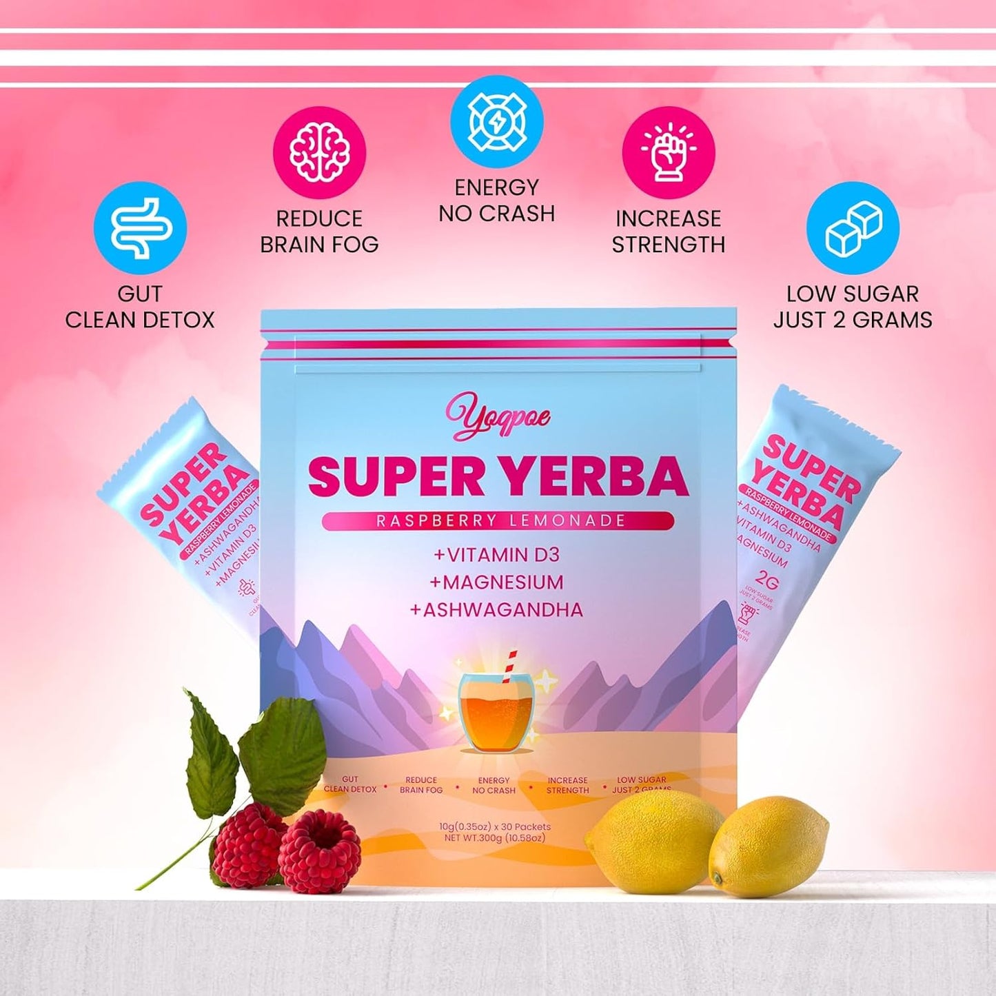 30 Servings Super Yerba Packets，Yerba Mate Instant Tea Powder，Super Yerba Raspberry Lemonade Flavor，Energy Boost,Mental Clarity and Gut Health by Ashwagandha, Prebiotics and Probiotics (2)