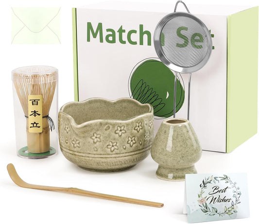 Premium Matcha Whisk Set - 6Pcs Japanese Tea Ceremony Kit with Ceramic Matcha Bowl and Whisk, Bamboo Scoop, Whisk Holder, Stainless Sifter, Birthday Christmas Gift for Matcha Lover