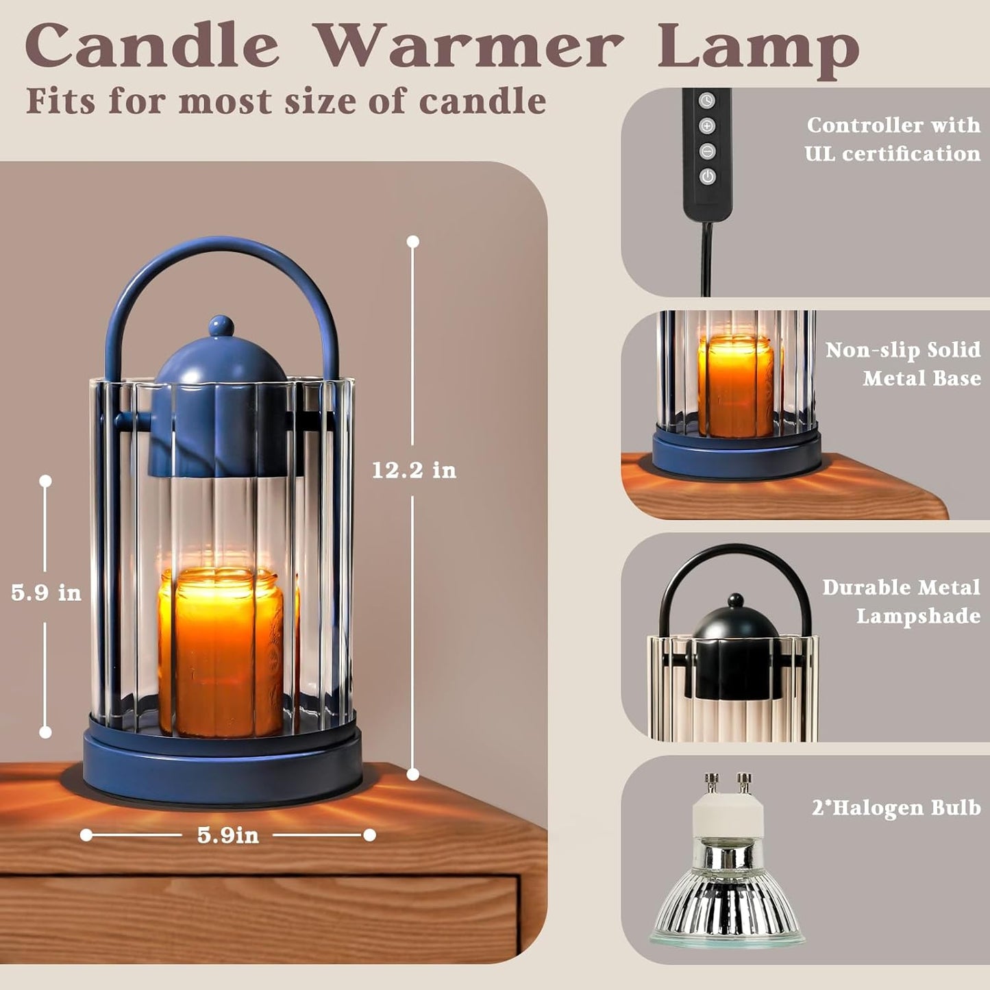 Birdcage Candle Warmer Lamp with Timer, Dimmable Candle Lamp Warmer, Electric Candle Lamp for Various Jar Candles, Vintage Lamp Candle Warmer for Bedroom, Blue Candle Light Warmer with 2 Bulbs