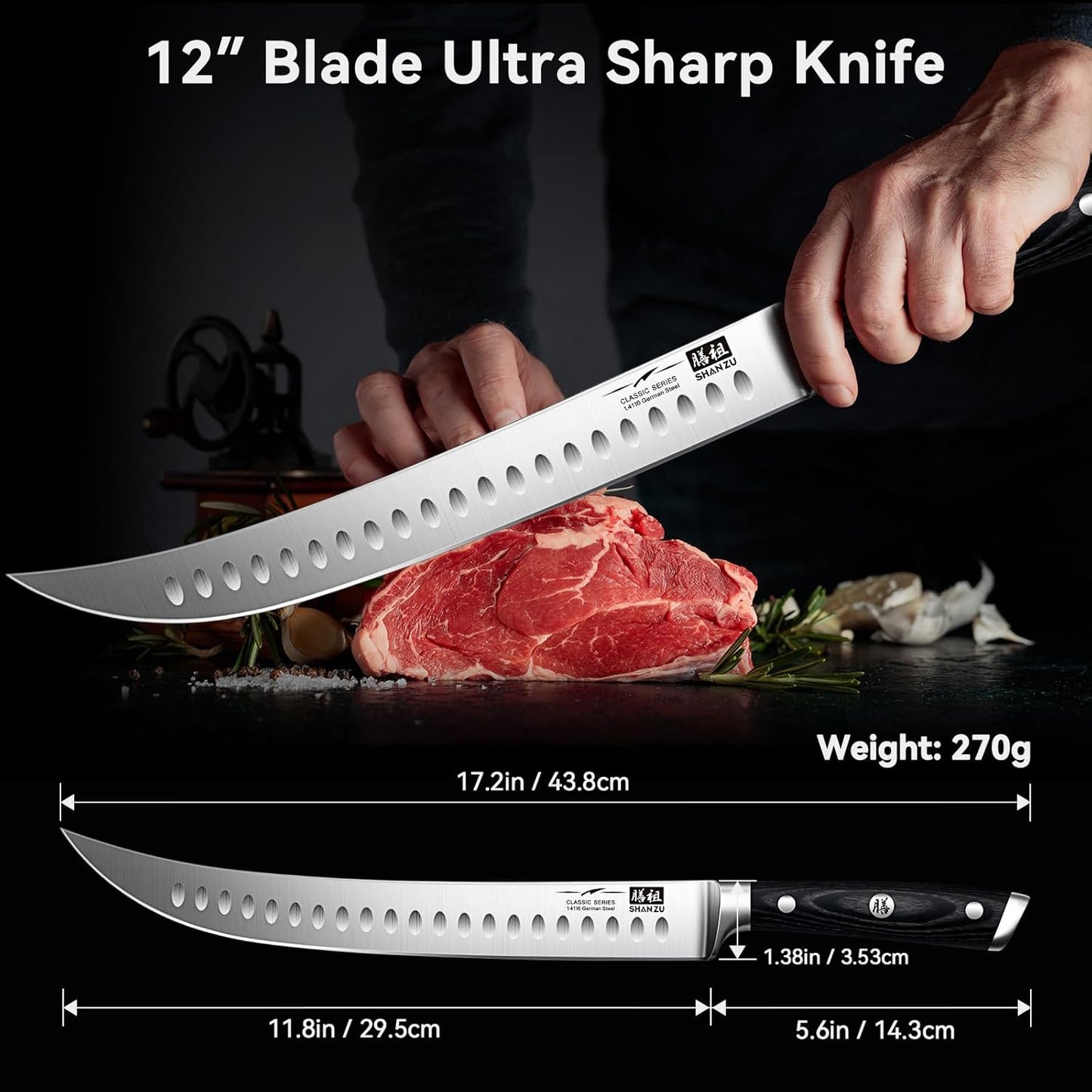 SHAN ZU 12" Slicing Knife - Brisket Slicing Meat Carving Knife Professional German 1.4116 Stainless Steel Razor Sharp Blade, Ergonomic Wood Handle & Full Tang Design, Gift Box Included