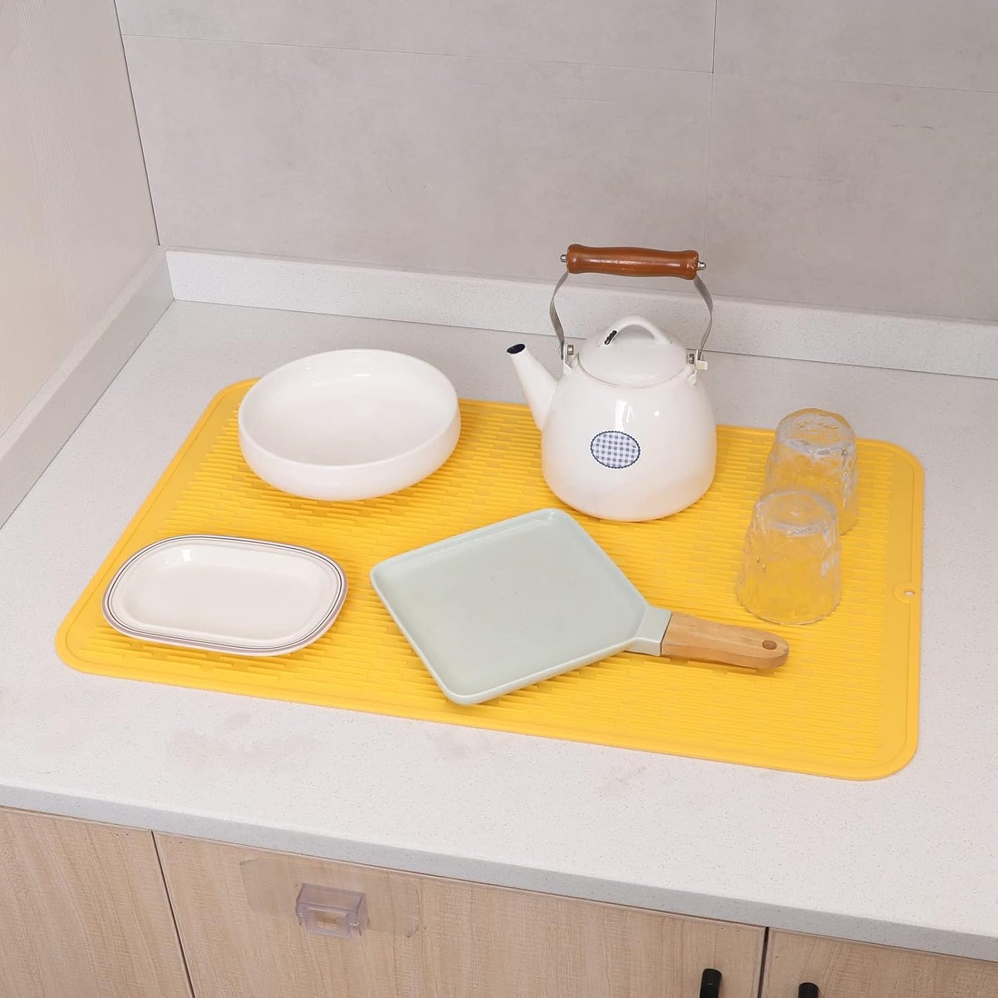 Silicone Dish Drying Mat for Multiple Usage,Easy clean,Eco-friendly,Heat-resistant Silicone Mat for Kitchen Counter or Sink,Refrigerator or Drawer Liner Yellow 3XL 28 inches x 18 inches
