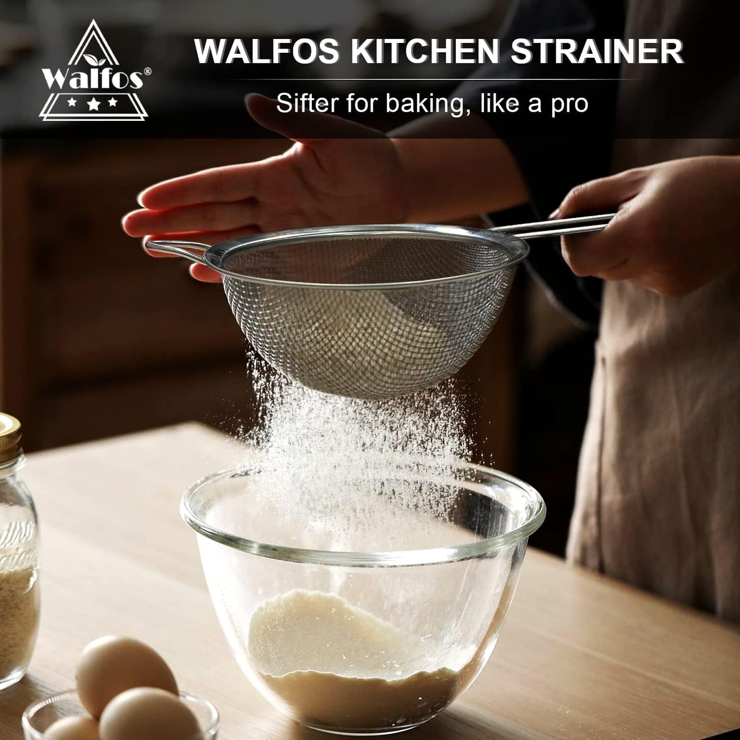 Walfos Fine Mesh Strainer Set of 3, Stainless Steel Wire Strainers for Kitchen, Multipurpose Metal Fine Sieve with Handle, Perfect for Food, Rice, Quinoa, 3", 5", 7"