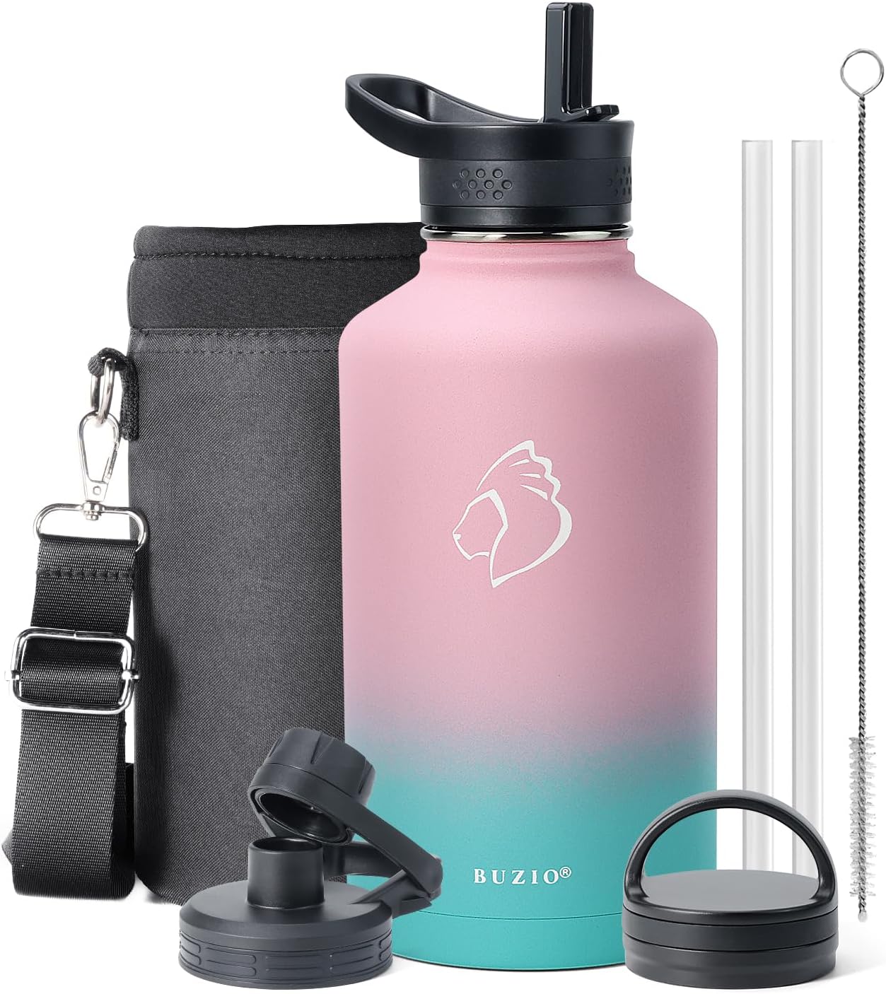 BUZIO 64 oz Water Bottle Insulated with Straw & 3 lid and Carrying Pouch, Leak Proof Half Gallon Stainless Steel Water Flask Jug, Cold for 48 Hrs Double Vacuum Thermo Canteen, BPA-Free, Bubble Gum