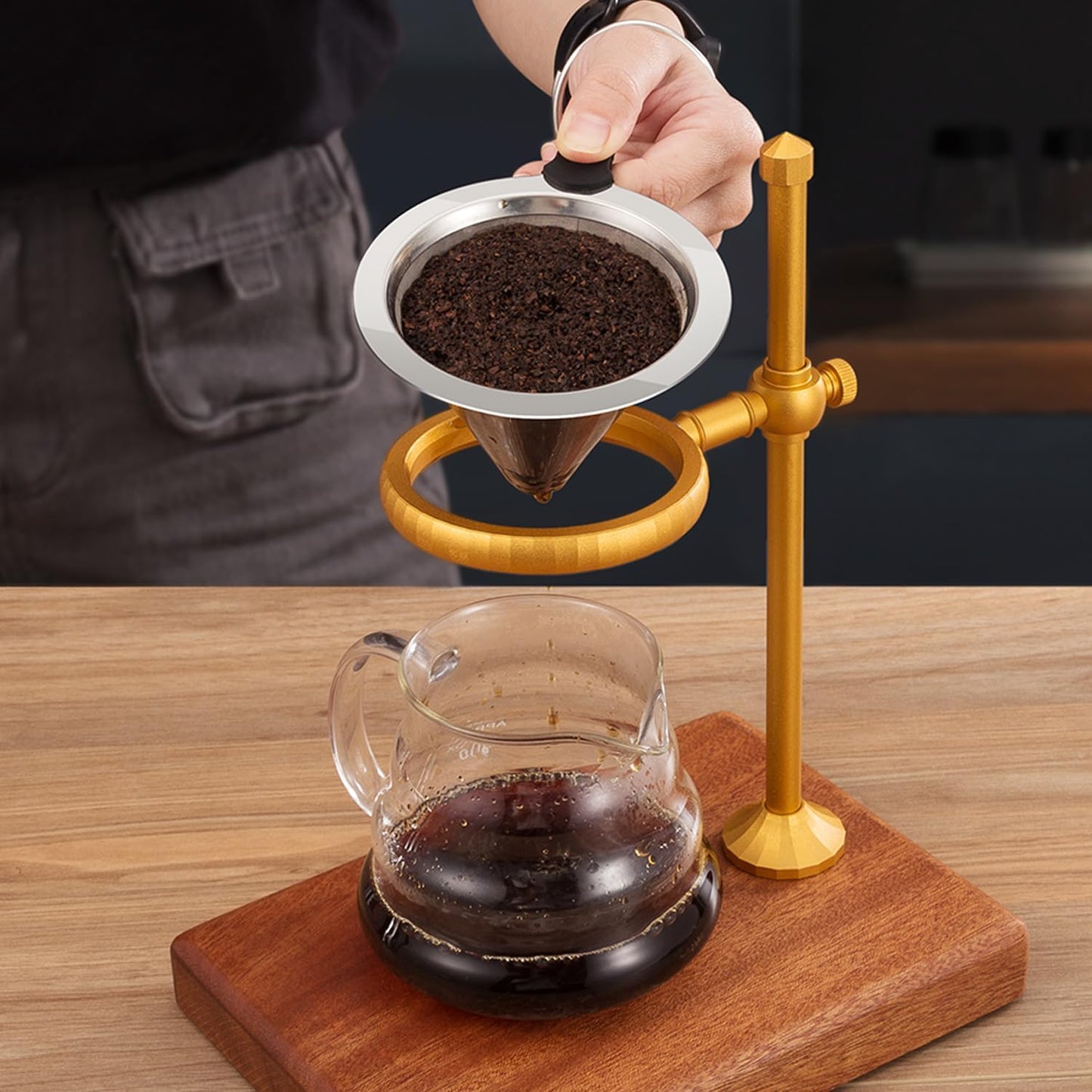 Pour Over Coffee Stand, Height Adjustable Pour over Coffee Maker with Sapele Wooden Base, Paper Filters, Bronze
