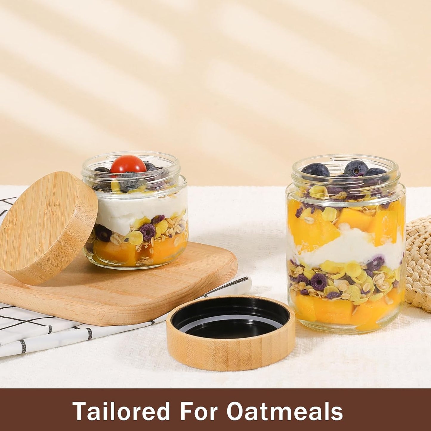 OcePor 6 Pack Glass Jars with Bamboo Lids, Over Night Oats Container with Airtight Lid, Glass Snack Storage Salad Jars For Food, Yogurt, Sugar and Flour,Coffee Bean, Cookie, Cereal