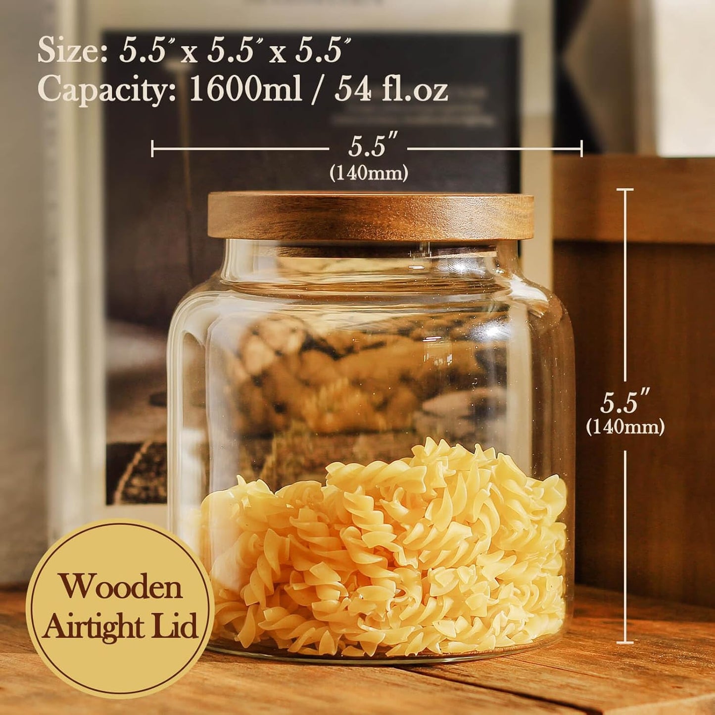 Labina Glass Storage Container Airtight Food Jars Kitchen Canister with Wood Lids, 54 Oz (1600ml) Wide Mouth Pantry Organization Glass Jar for Flour, Sugar, Cookie, Spagetti, Nuts and Candy