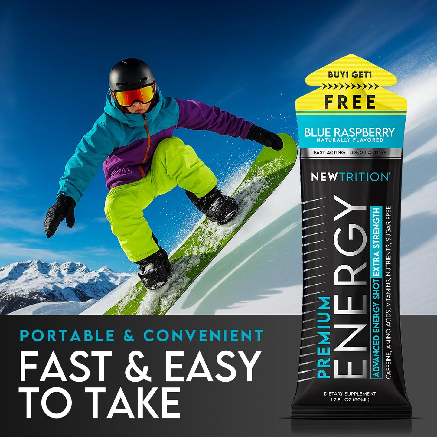 NewTrition® Extra Strength Energy Shots, 250mg Caffeine Energy Shots with Vitamin B & Amino Acids, Sugar-Free Vitamin Energy Shot, 1.7 fl oz (Pack of 12, Blue Raspberry)