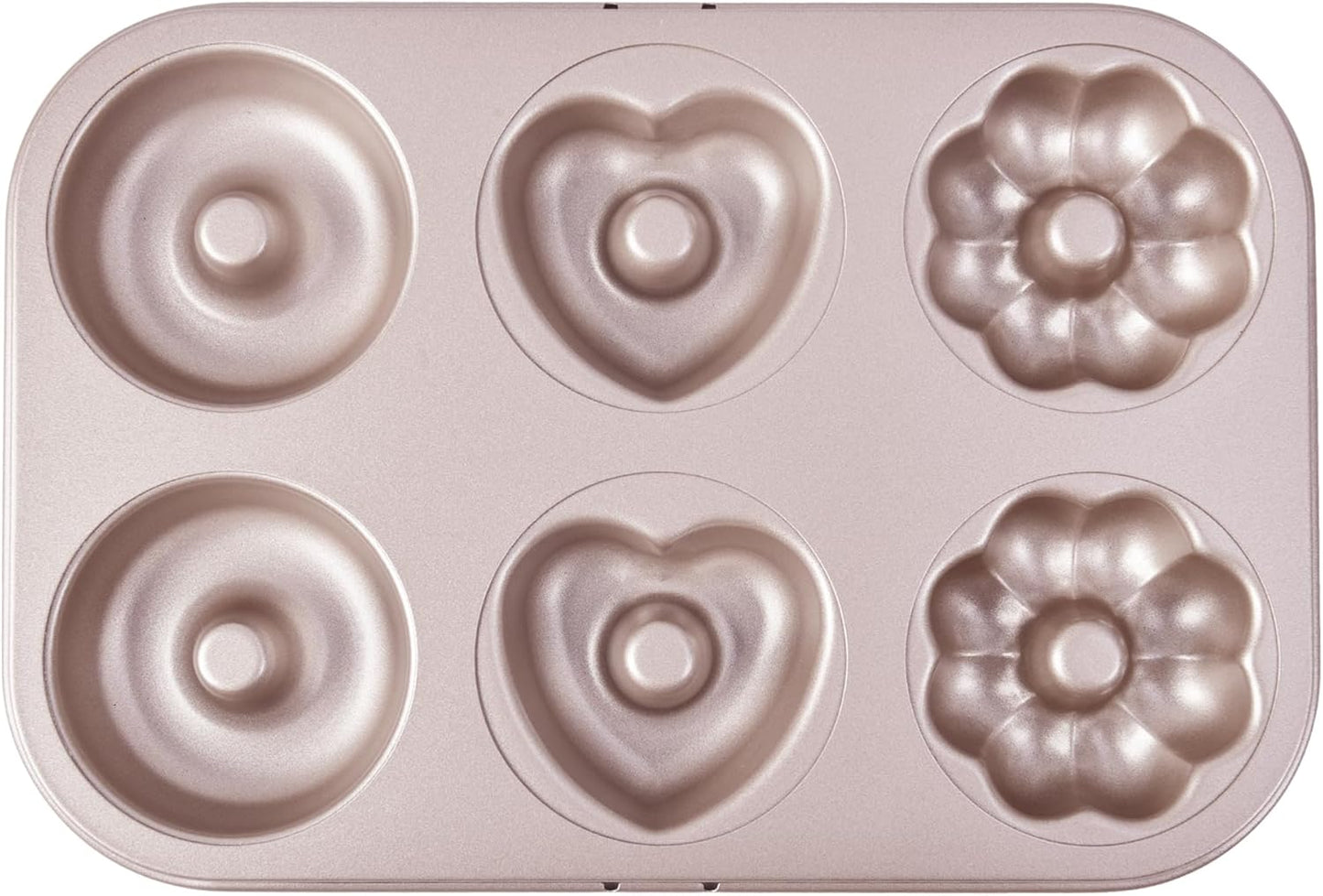 Fancy Donut Pan, 6 Cavity Donut Mold Heavy Duty Steel Non-stick Heart Flower Round Shaped Bund Pans Pattern Doughnut Bakeware for Oven Baking (Champagne Gold)