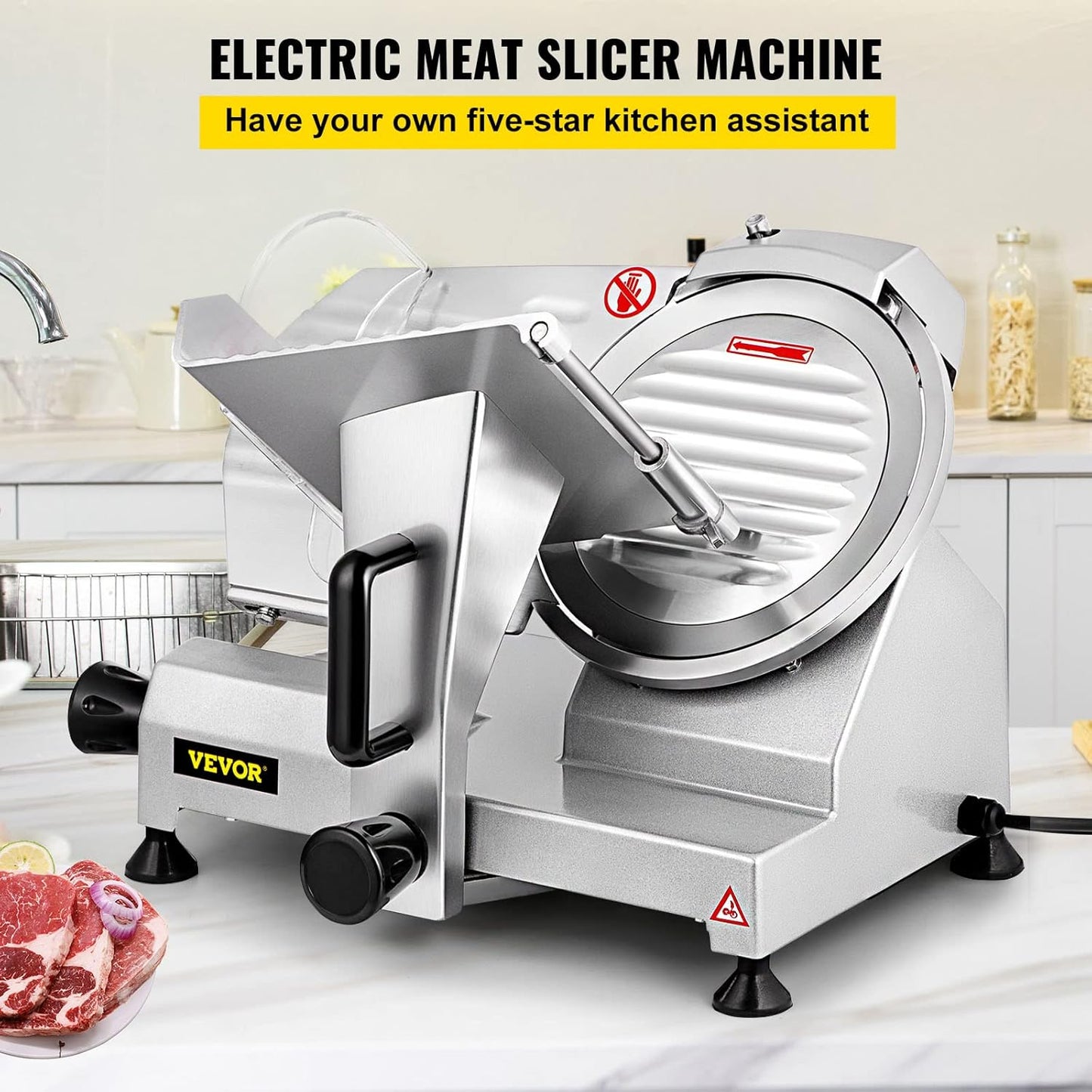 VEVOR Commercial Meat Slicer, 200W Electric Deli Food Slicer, 0-12mm Adjustable Thickness Electric Meat Slicer, 1200RPM Meat Slicer with 8.7'' Chromium-plated Steel Blade for Home & Commercial Use