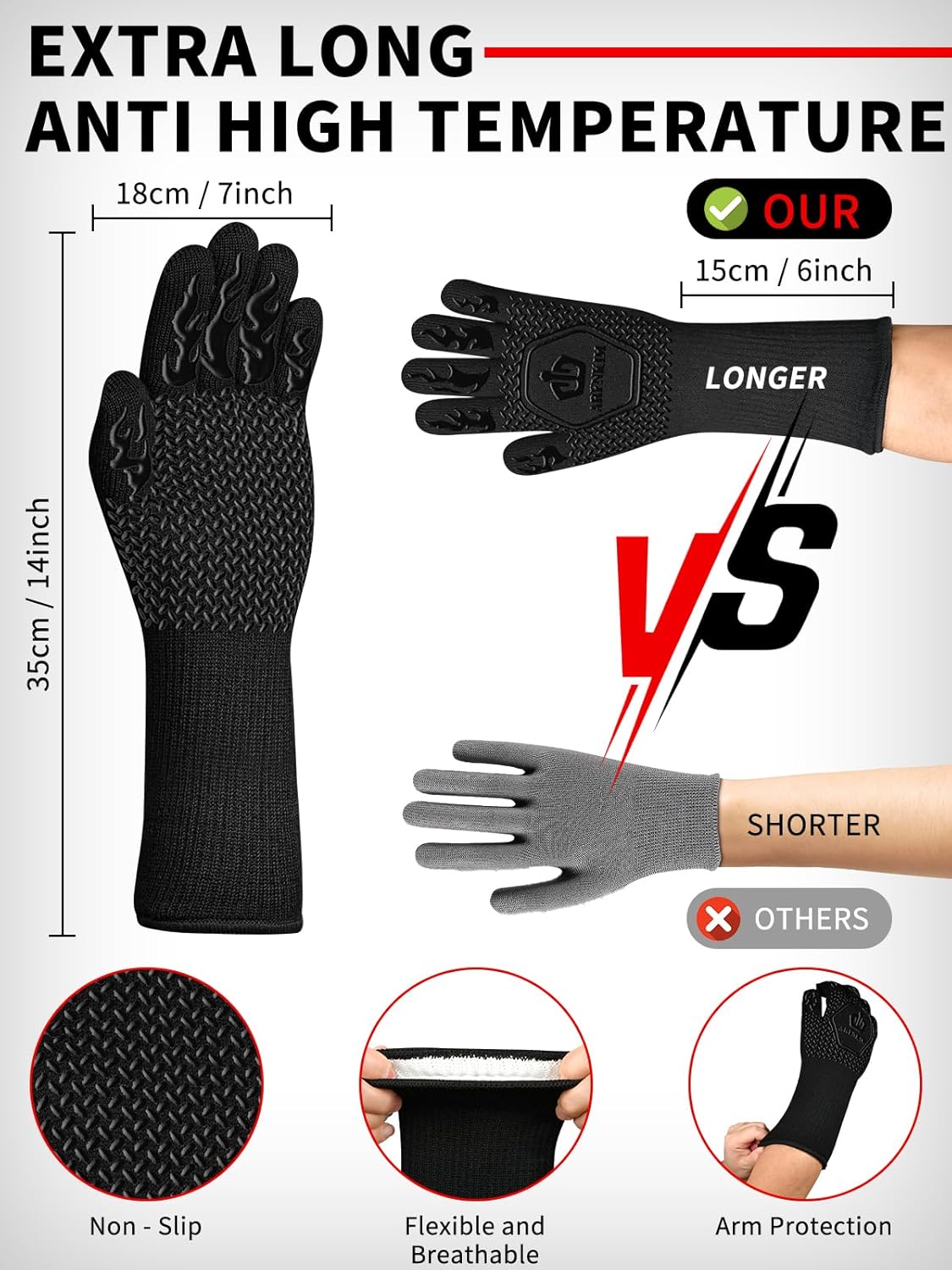 BBQ Oven Gloves 1472℉ Heat Resistant Oven Mitts Silicone Non-Slip Cooking Gloves for Barbecue, Grilling, Baking, Welding, Smoker (A Pair) (Black)