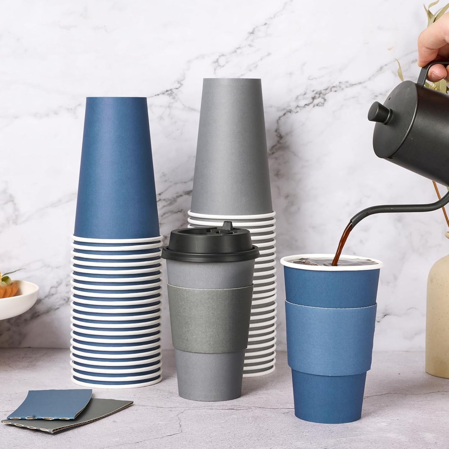 LITOPAK 100 Pack 16 oz Disposable Paper Coffee Cups with Lids, Sleeves and Stirring Sticks for Hot Coffee, Water or Juice, Blue and Gray Hot Paper Cups for Cafes, schools, offices, shops
