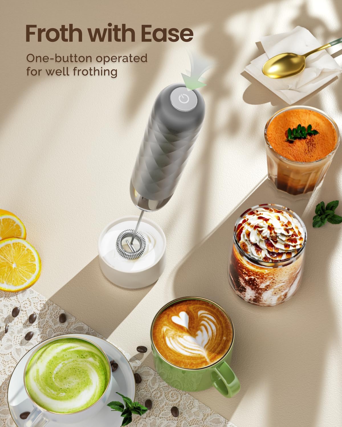 Maestri House Rechargeable Milk Frother, LunaFro Mini Handheld Electric Foam Maker Detachable Stainless Steel Whisk Drink Mixer Foamer Mini Blender for Matcha, Lattes, Cappuccino, No Stand