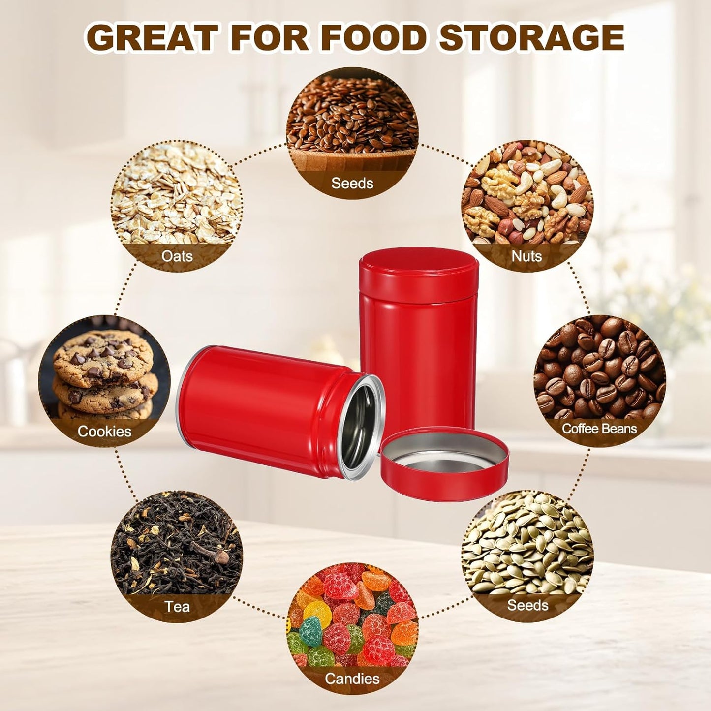uxcell 2Pcs Round Tea Canisters, 5" x 3" Airtight Metal Tea Containers for Loose Tea, Coffee Beans, Spices - Durable, Compact, and Stylish Storage Tea Tin (Red)