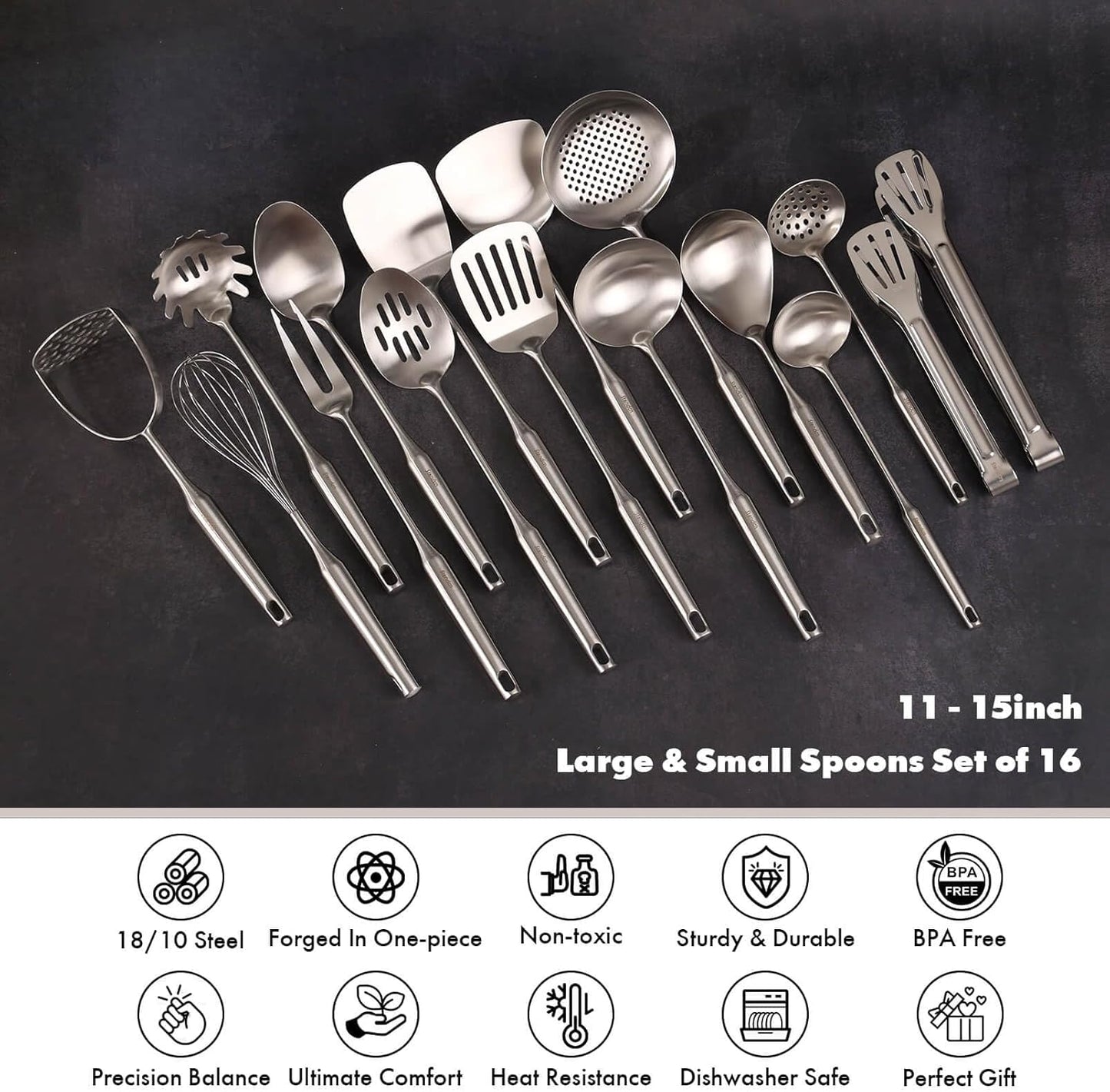 18/10 Stainless Steel Cooking Utensils Set - 16 PCS All Metal Kitchen Tools, Serving Utensils - Whisk, Masher, Fork, Tongs, Solid/Slotted Spoon, Spatula, Turner, Ladle, Skimmer, Pasta, Large Spoon Set