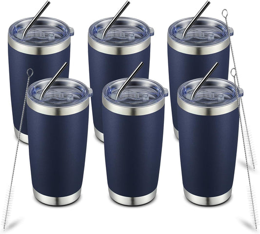 COMOOO 20oz Stainless Steel Tumbler Bulk with Lid and Straw Insulated Coffee Tumbler Cup Double Wall Vacuum Travel Mug for Cold Drinks and Hot Beverage (Navy,6 Pack)