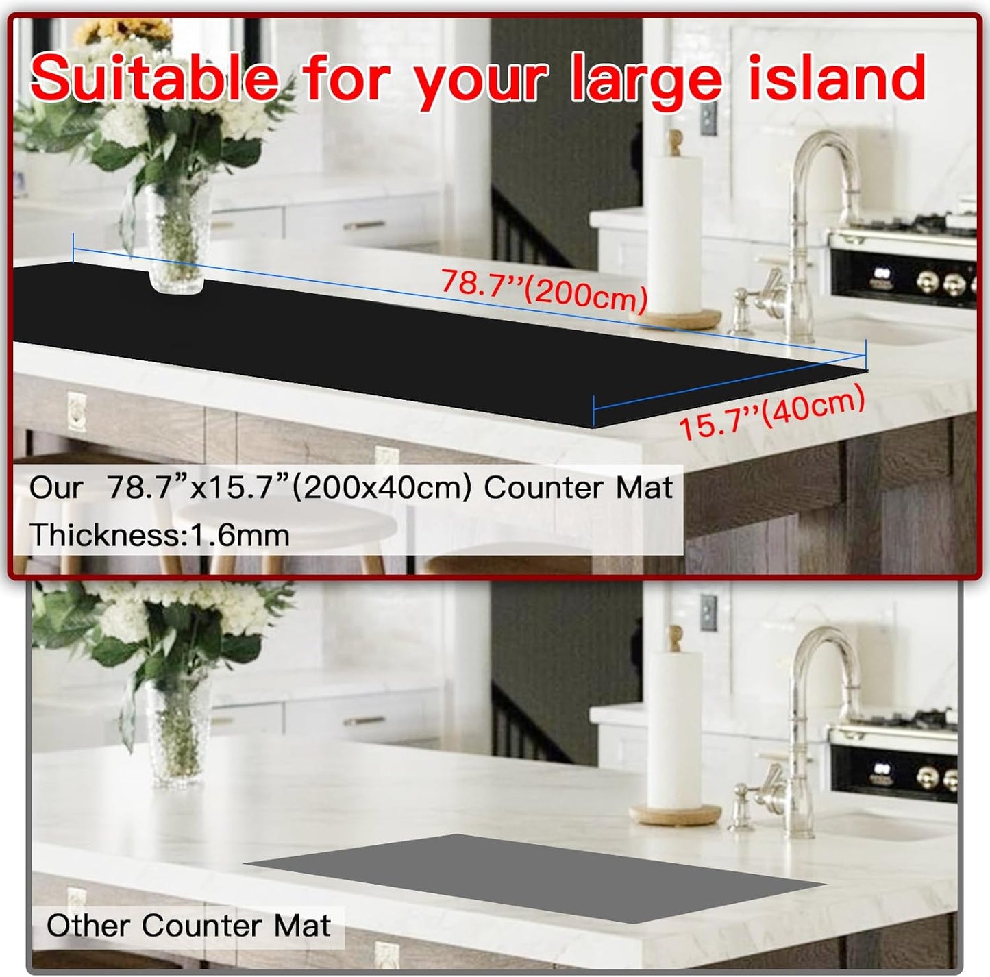 Large Silicone Mats, 78.7”x15.7”(200cmx40cm) Extra Large Silicone Heat Resistant Mat, Countertop Protector, Nonstick Waterproof Mats for Kitchen Counter, Shipped Rolled Up Kitchen Counter Mat, Black