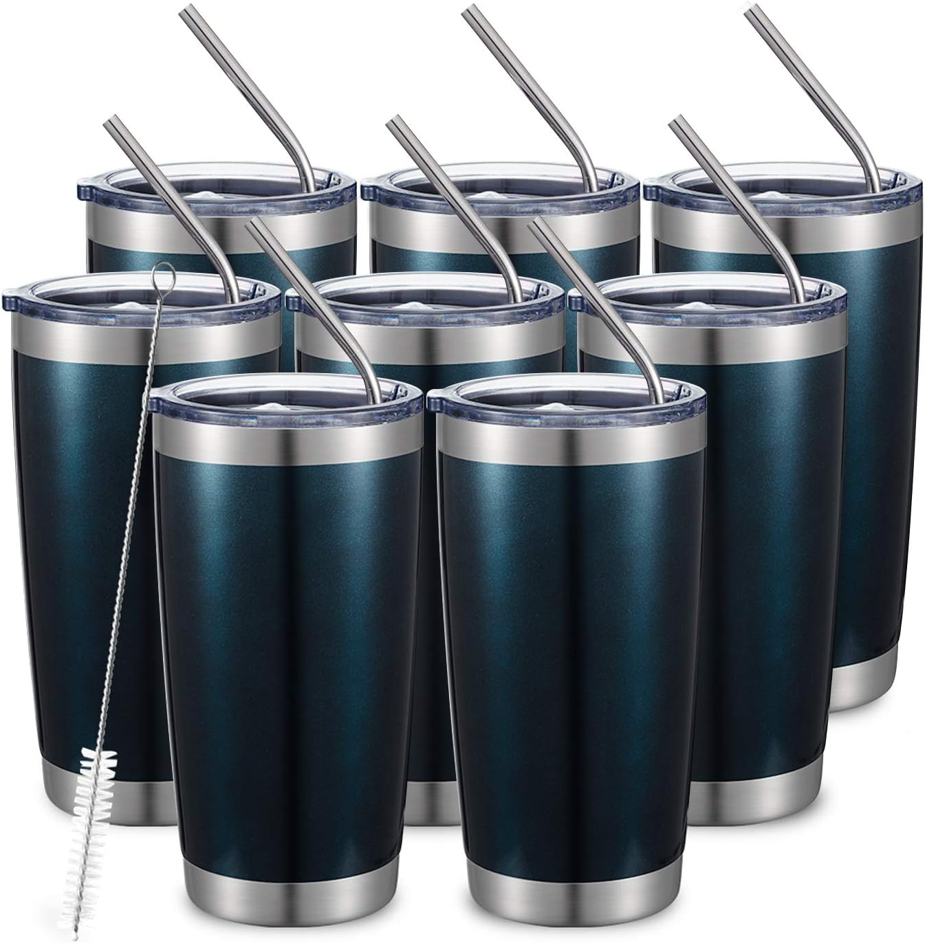 COMOOO 20oz Tumbler 8 Pack Double Wall Vacuum Insulated Travel Mug, Stainless Steel Tumbler Bulk with Lid and Straw, Durable Powder Coated Insulated Coffee Cup for Cold & Hot Drinks (Peacock blue, 8)