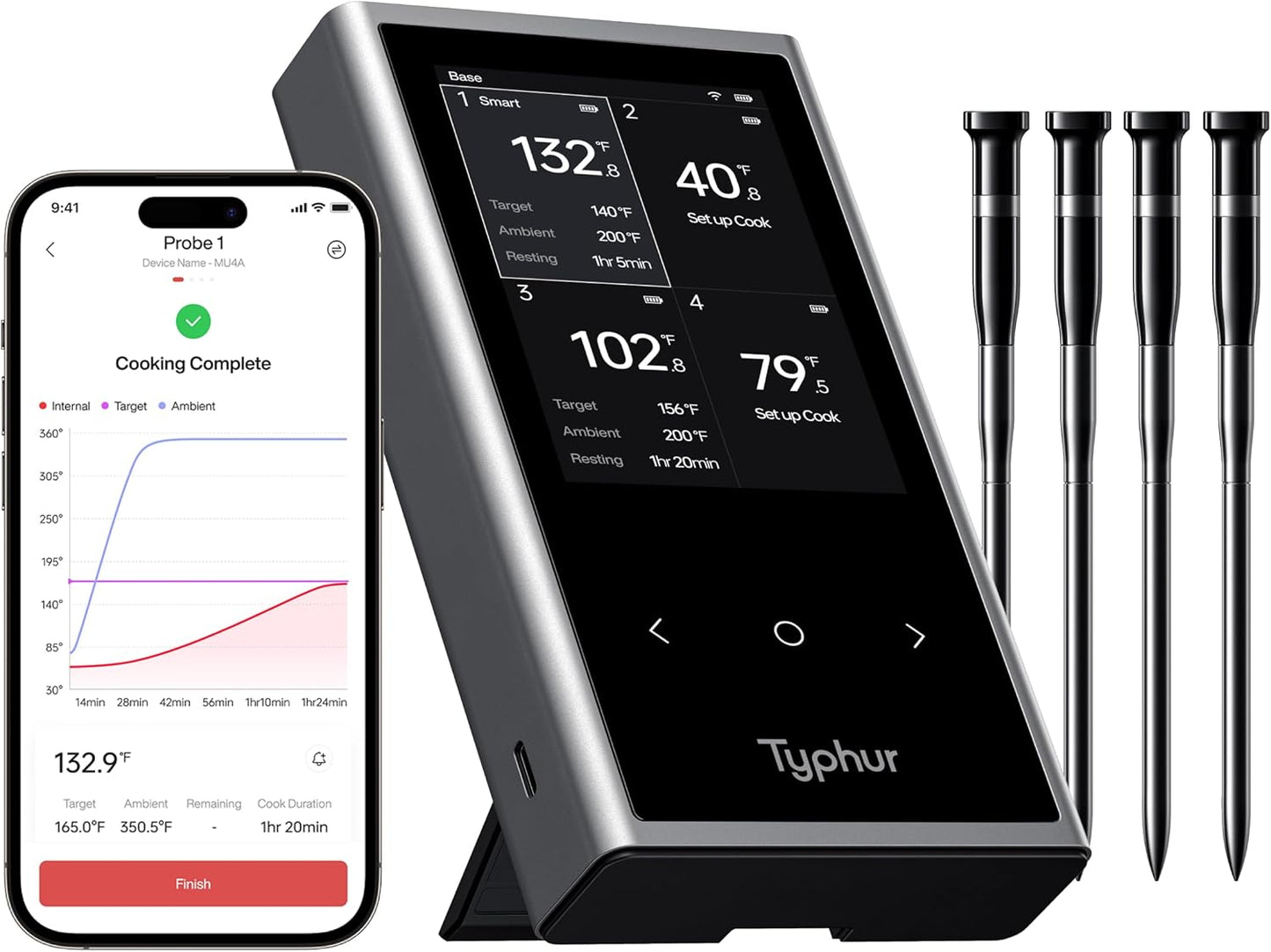 Sync Wireless Meat Thermometer Quad | 4 Probes | 6 Sensors | LCD Display | WiFi and Bluetooth 5.3 | Improved Stability and Range | IPX8 Waterproof | for BBQ, Grill, Smoker, Oven, Kitchen
